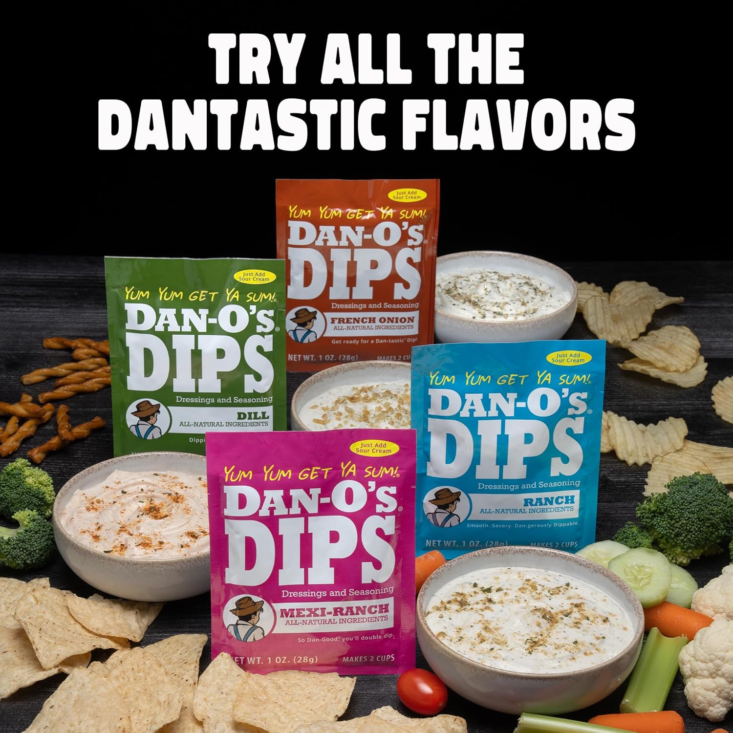 Dan-O’S Dips Variety Pack (16 Pack) – Ranch, Mexi-Ranch, French Onion & Dill Dip