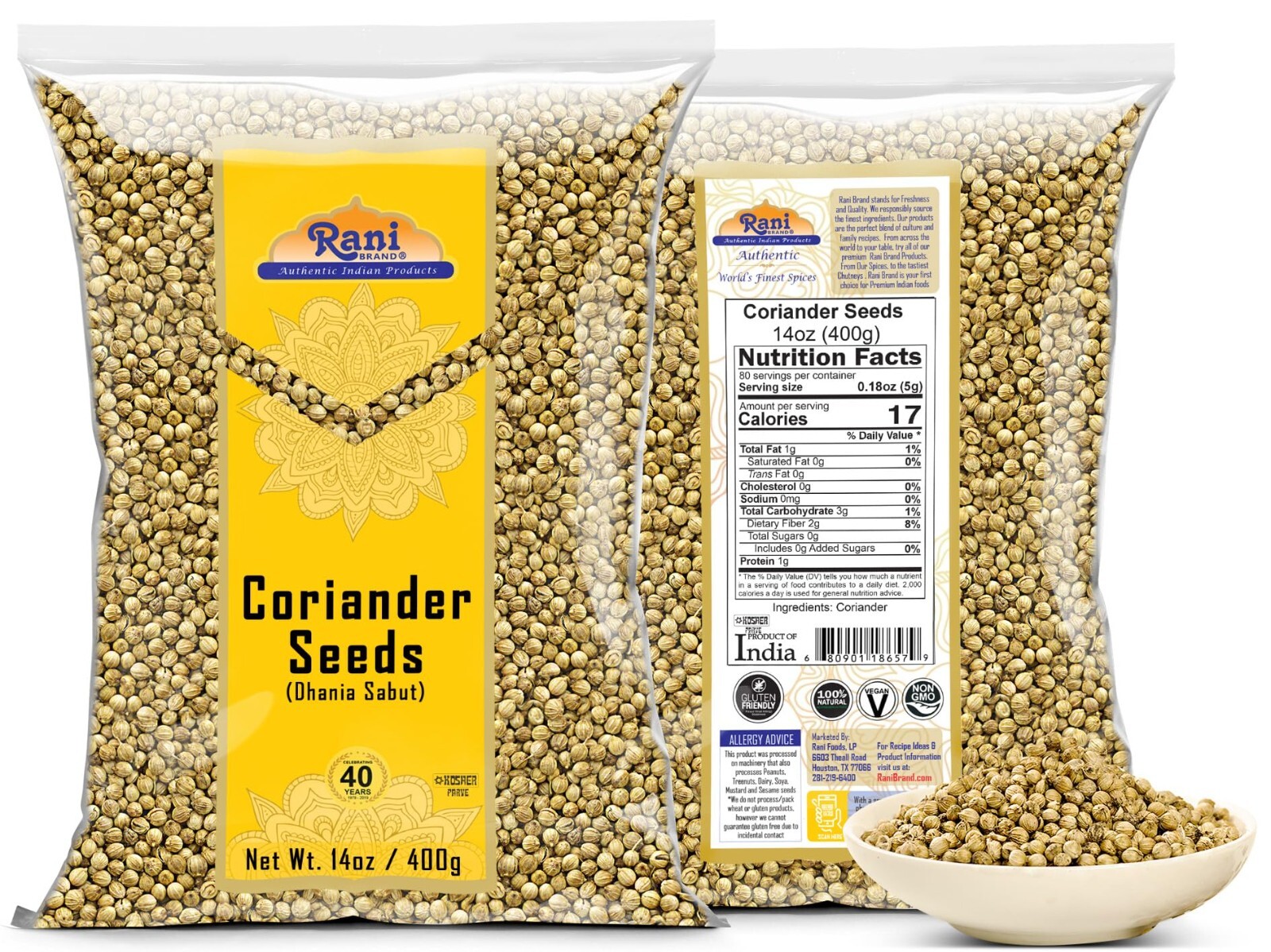 Rani Coriander (Dhania) Seeds Whole, Indian Spice 14oz (400g)