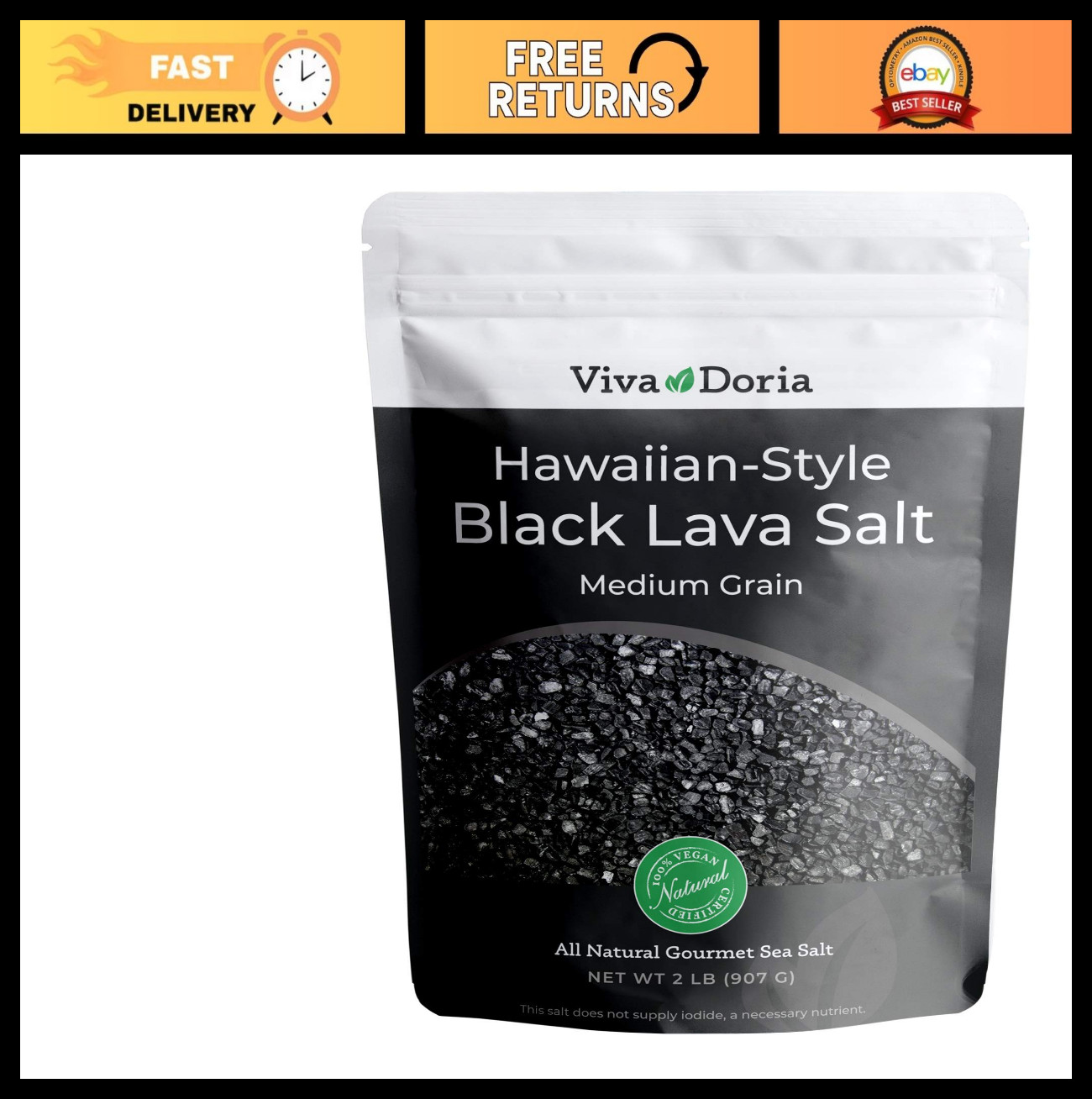 Hawaiian Black Lava Sea Salt, Medium Grain, Natural Mineral Salt, 2 lb (907 g)