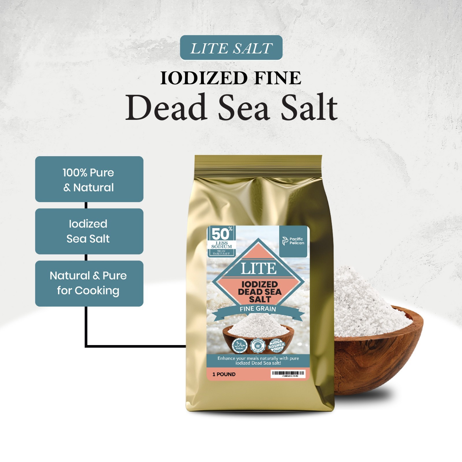 Pacific Pelican 50% Less Sodium Iodized Dead Sea Lite Salt, Fine Grain, 1 LB