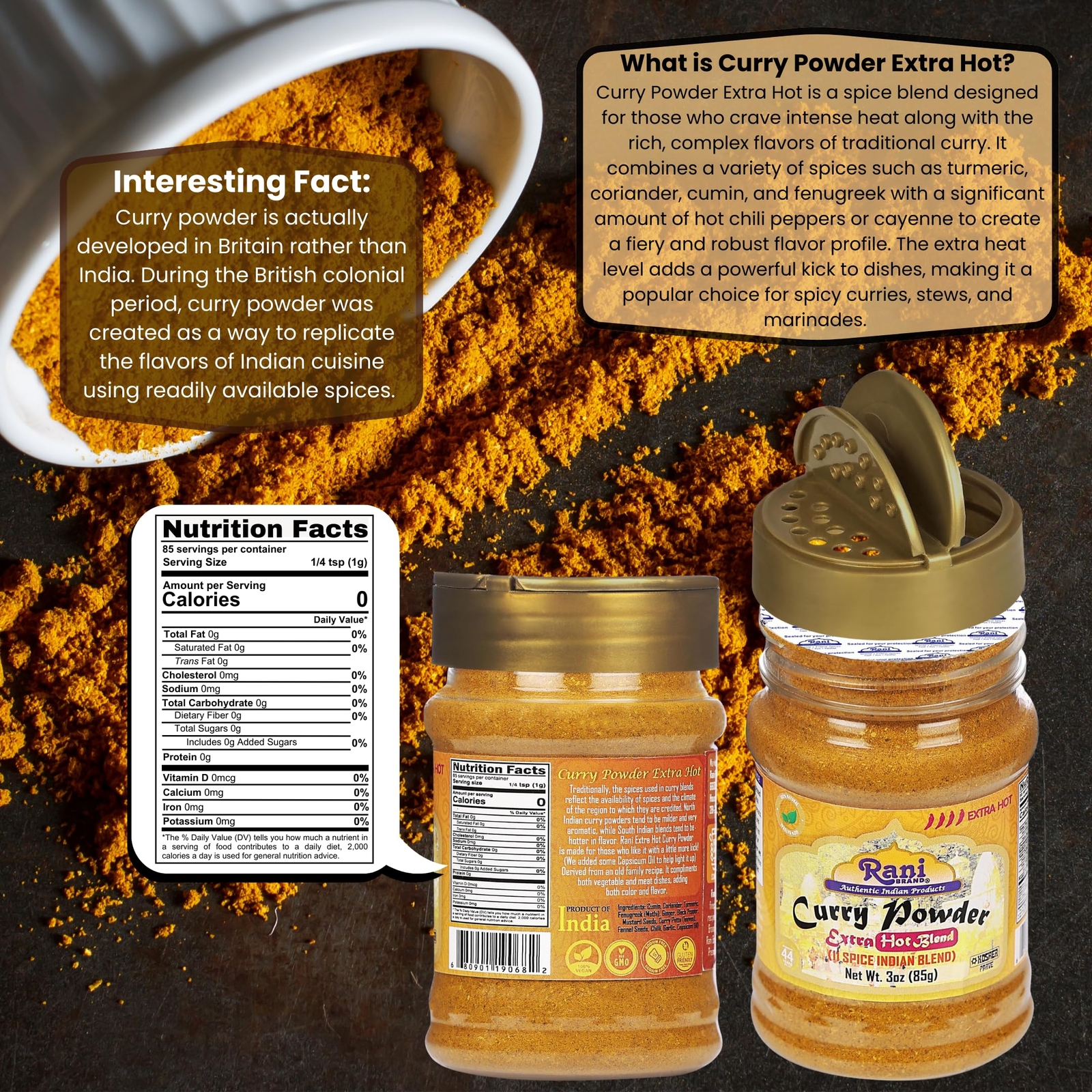 Rani Curry Powder EXTRA HOT (11-Spice Authentic Indian Blend) 3oz (85g) PET Jar