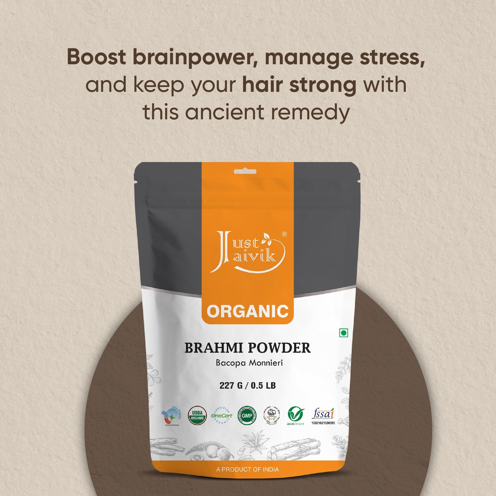 Just Jaivik 100% Organic Brahmi Powder Bacopa Monnieri- 8 Ounce (Pack of 1)
