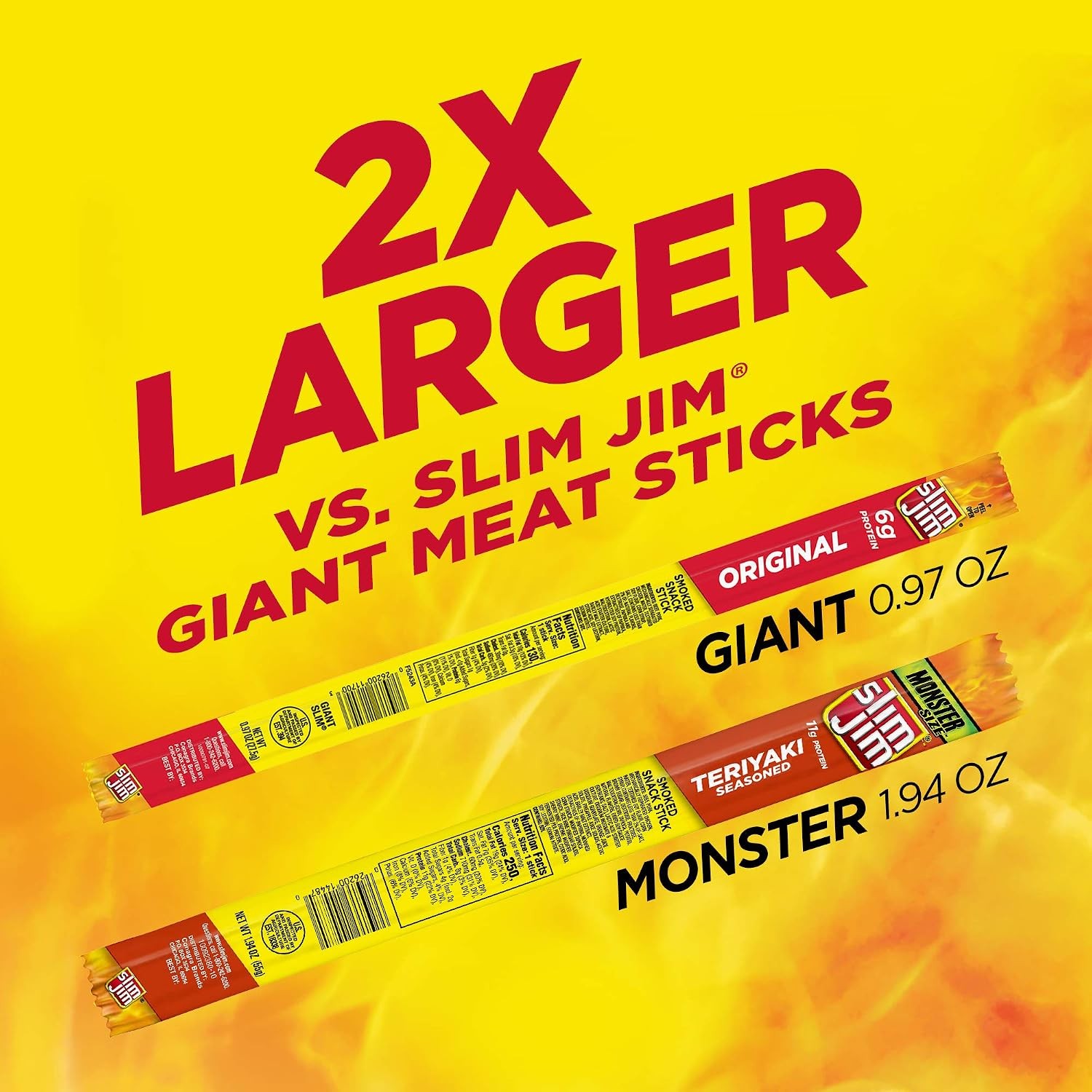 Slim Jim Monster Smoked Meat Sticks, Teriyaki Flavor, High Protein, 1.94 oz. (18