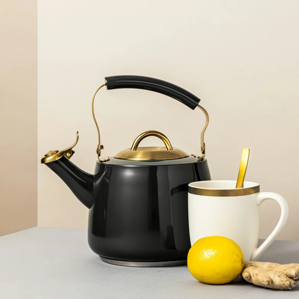 Stainless Steel 1.8L Stovetop Tea Kettle – Black & Gold