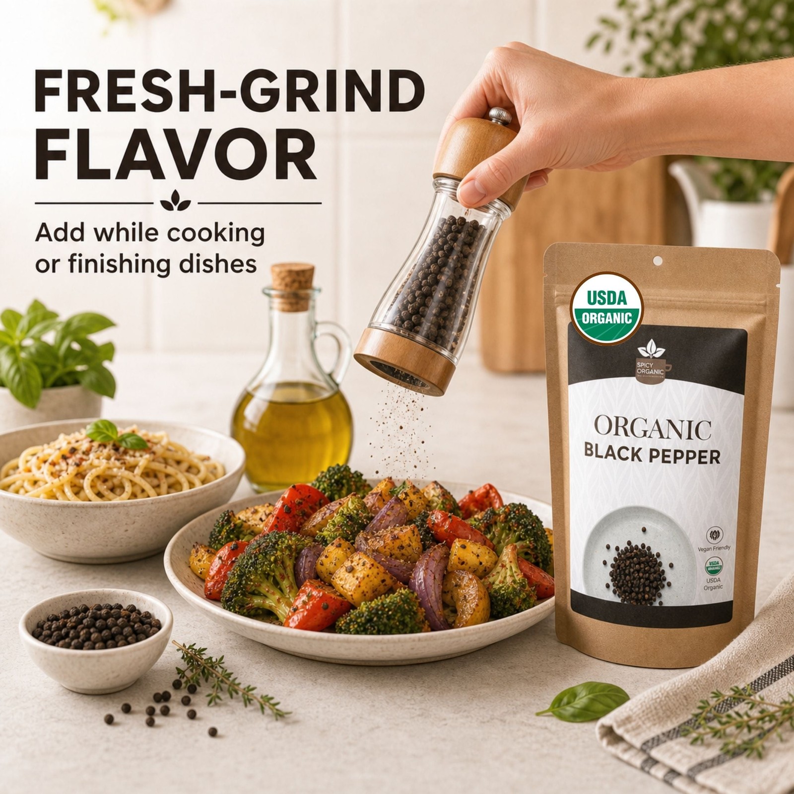Organic Black Peppercorns — USDA Certified, Non-GMO | Grinding, Marinades &