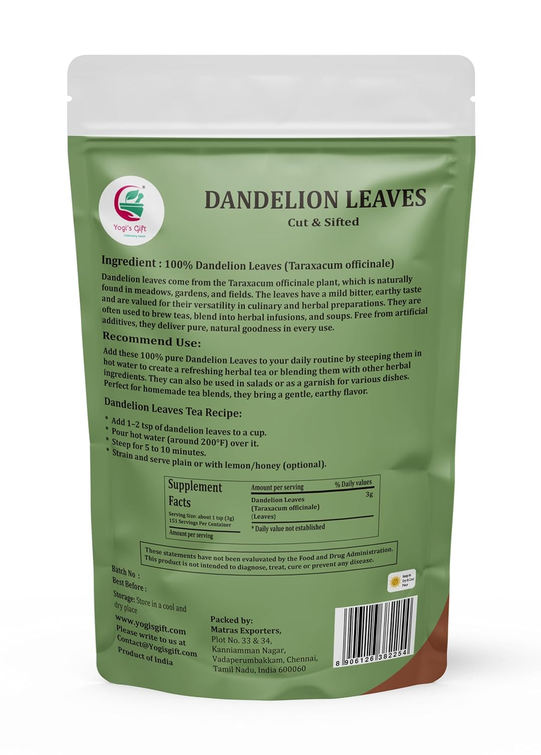 Dandelion Leaves Cut and Sifted 1 LB,100% Natural & Pure, Ideal for Dandelion Te