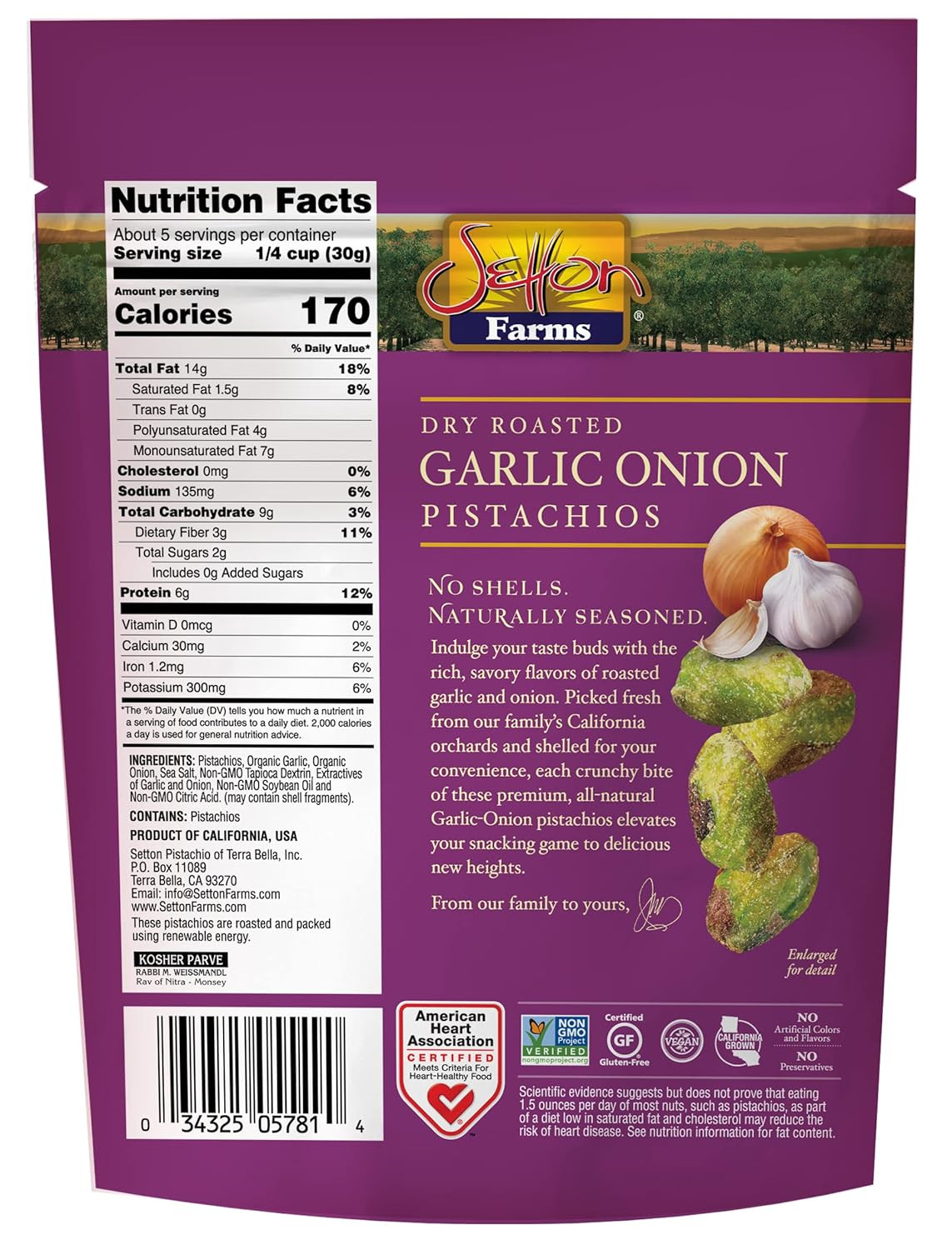 Naturally Seasoned Pistachio Kernels, Garlic Onion, No Shell Pistachios, Certifi
