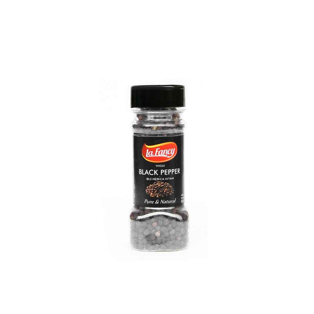 Whole black peppercorns 65g spice jar for grinder and hearty dishes
