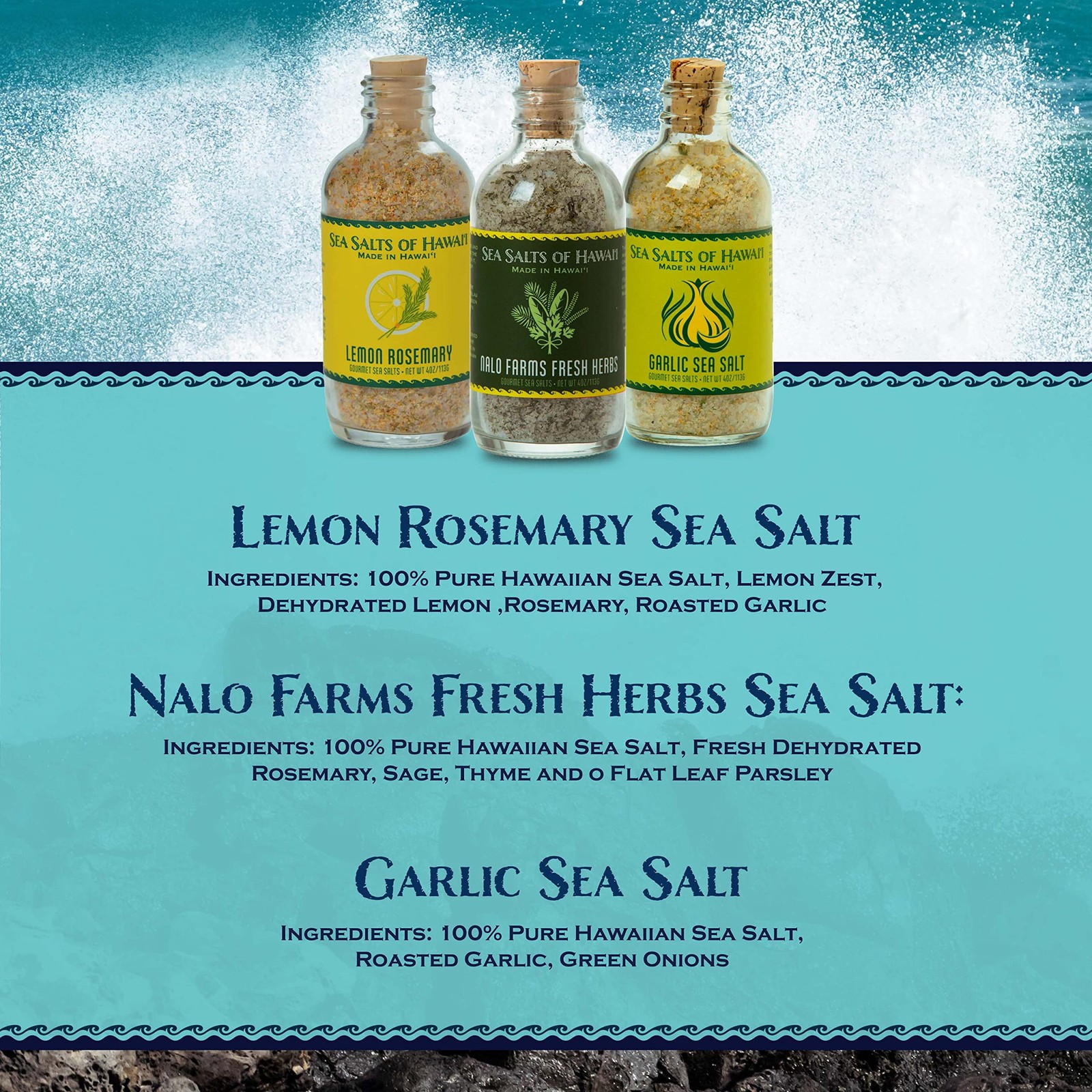 Sea Salts of Hawaii Variety 3 Pack, Lemon Rosemary Salt, Roasted Garlic Salt,…