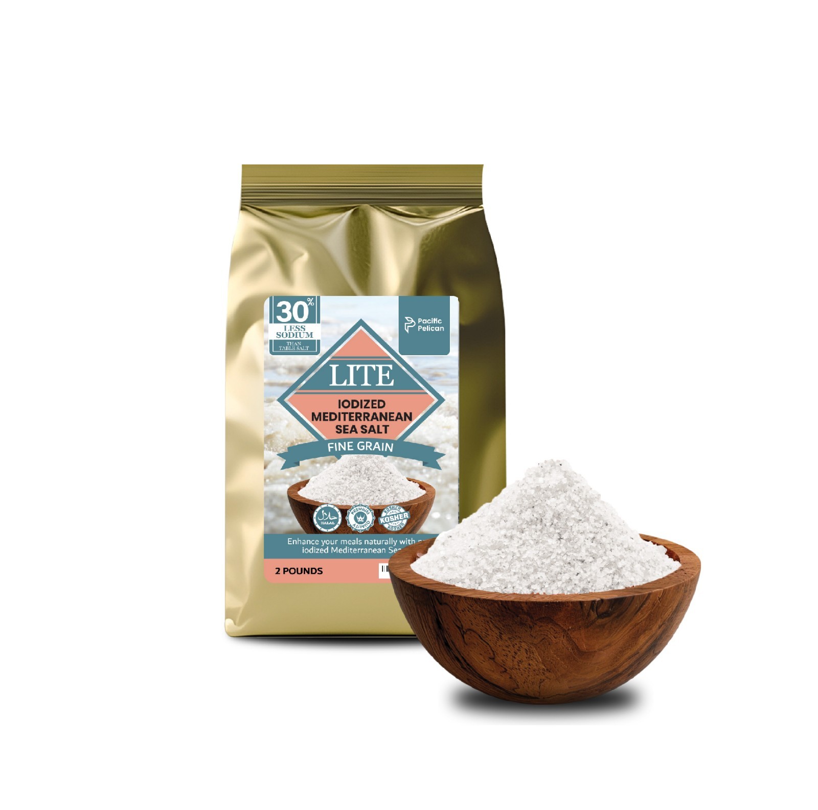 Pacific Pelican 30% Less Sodium Iodized Mediterranean Fine Grain Sea Salt, 2LBs