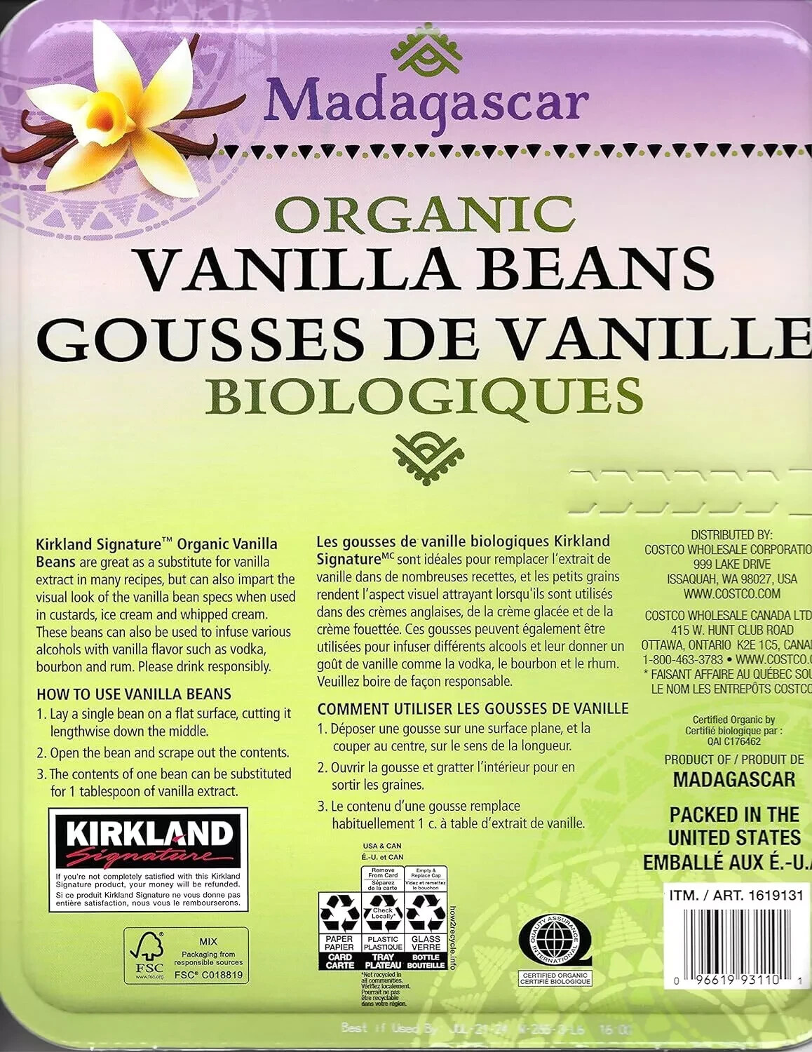 Kirkland Signature Organic Madagascar Vanilla Beans, 10 Count