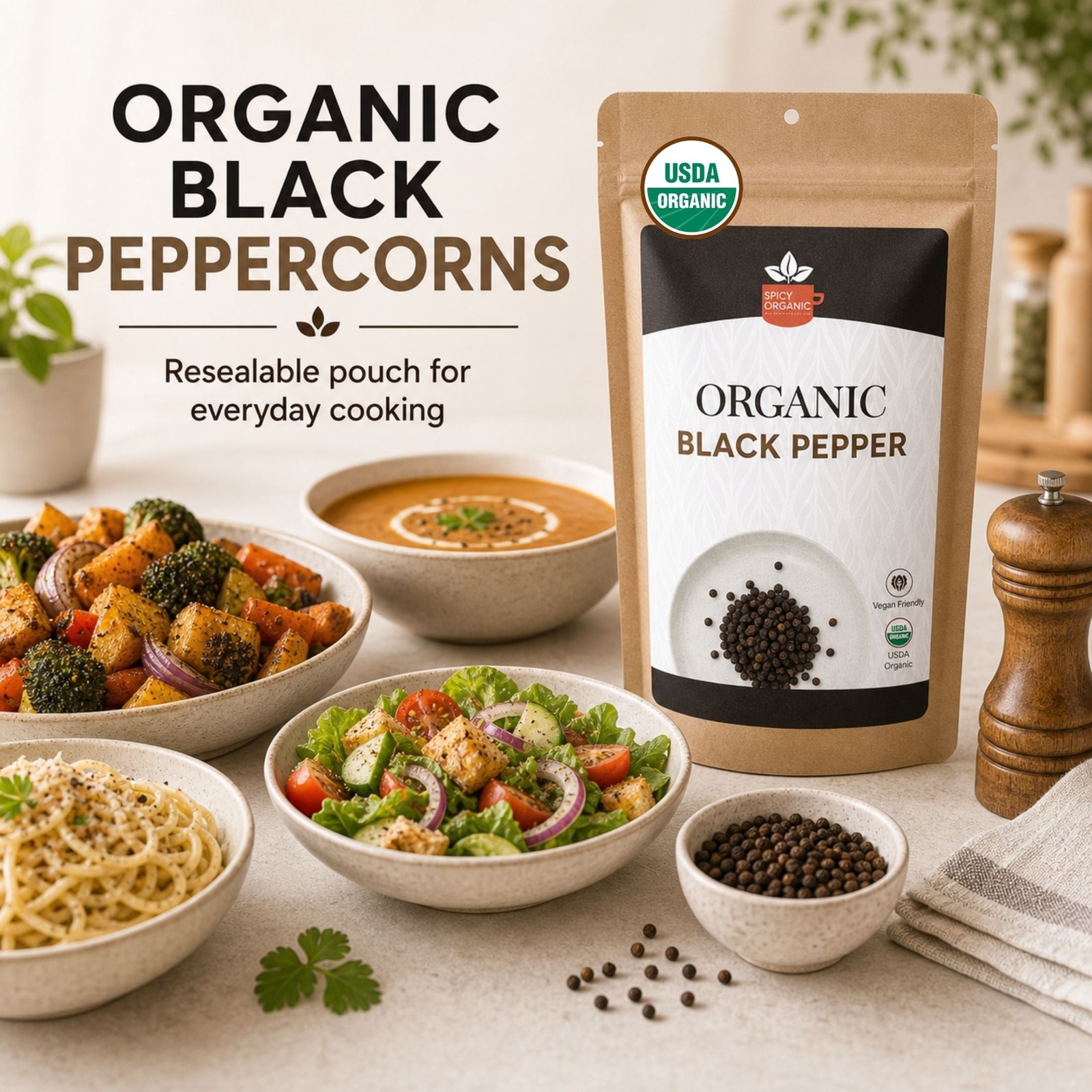 Organic Black Peppercorns — USDA Certified, Non-GMO | Grinding, Marinades &