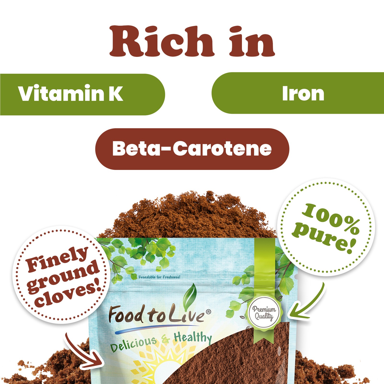 Clove Powder – Finely Ground Clove Pods, Pure, Vegan, Bulk – by Food to Live
