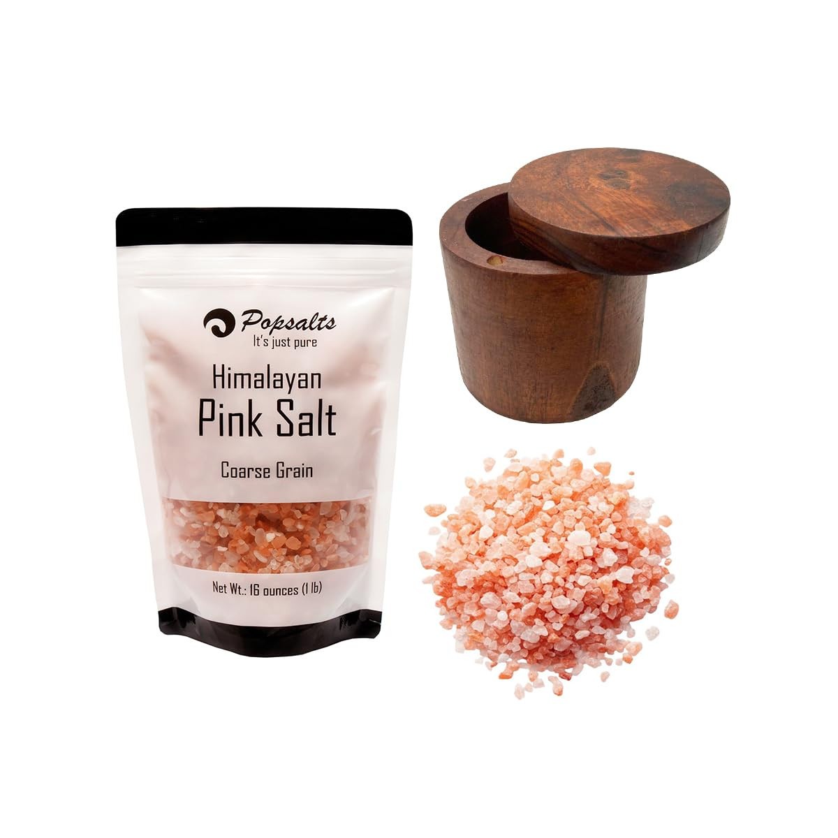 Himalayan Pink Salt (Coarse) in a Convenient 1-Pound Pouch + Acacia Wood Cellar