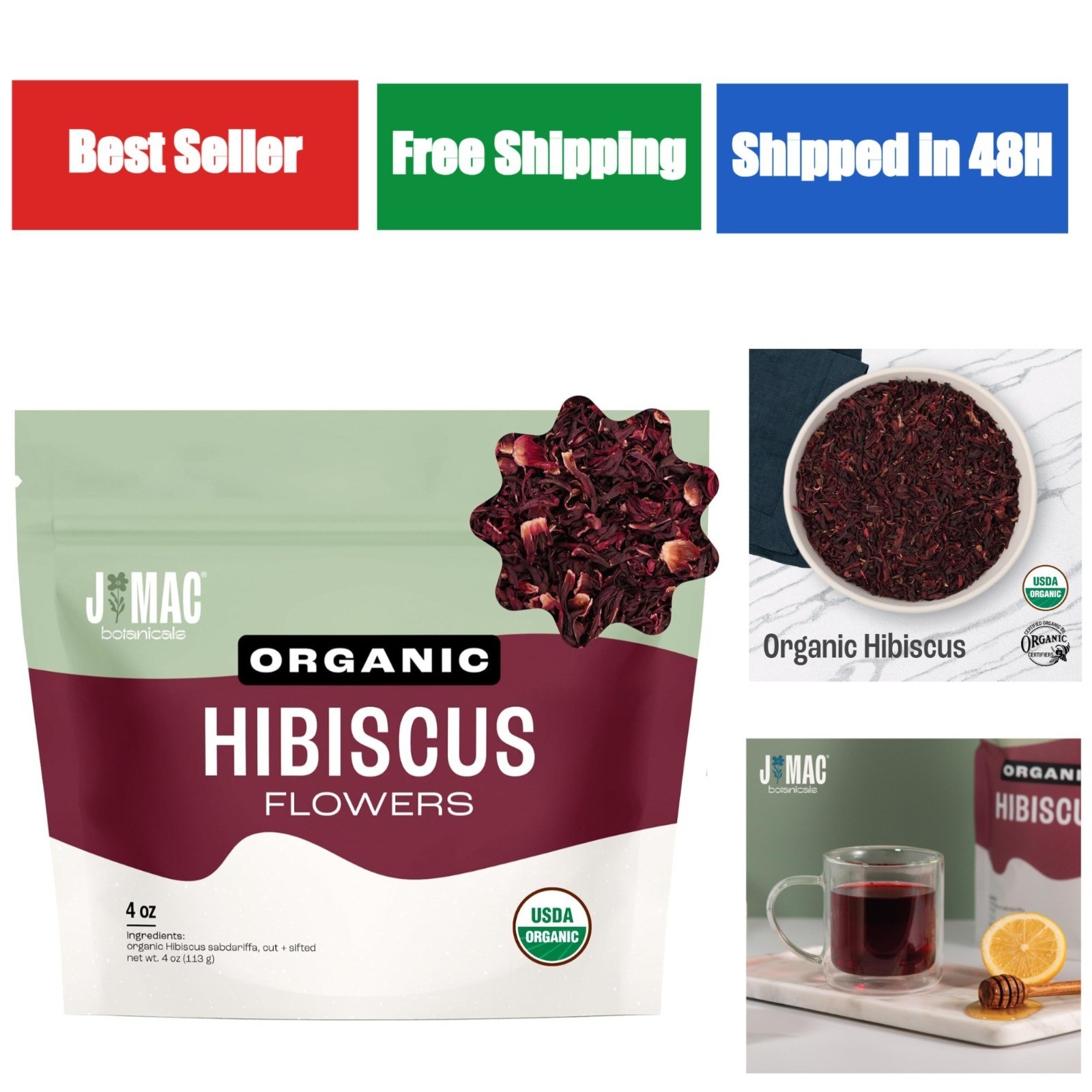 J Mac Botanicals Organic Hibiscus Flower 4 oz – Herbal Tea Leaves