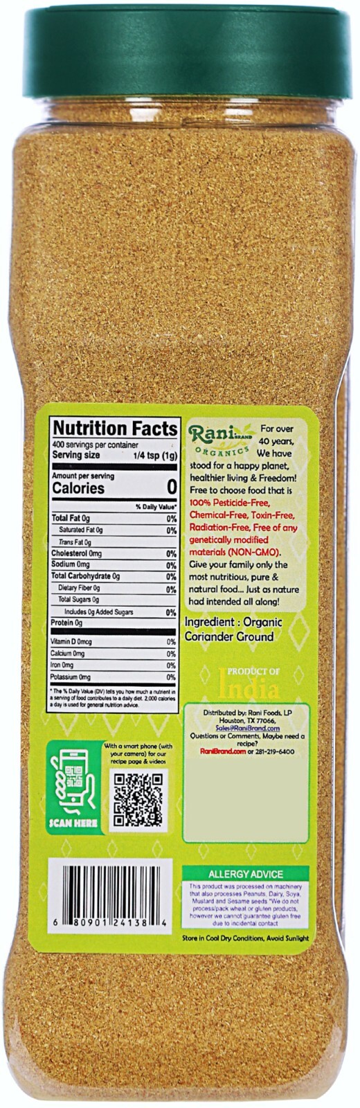 Rani Organic Coriander Powder (Dhania Powder) 14oz (400g) PET Jar