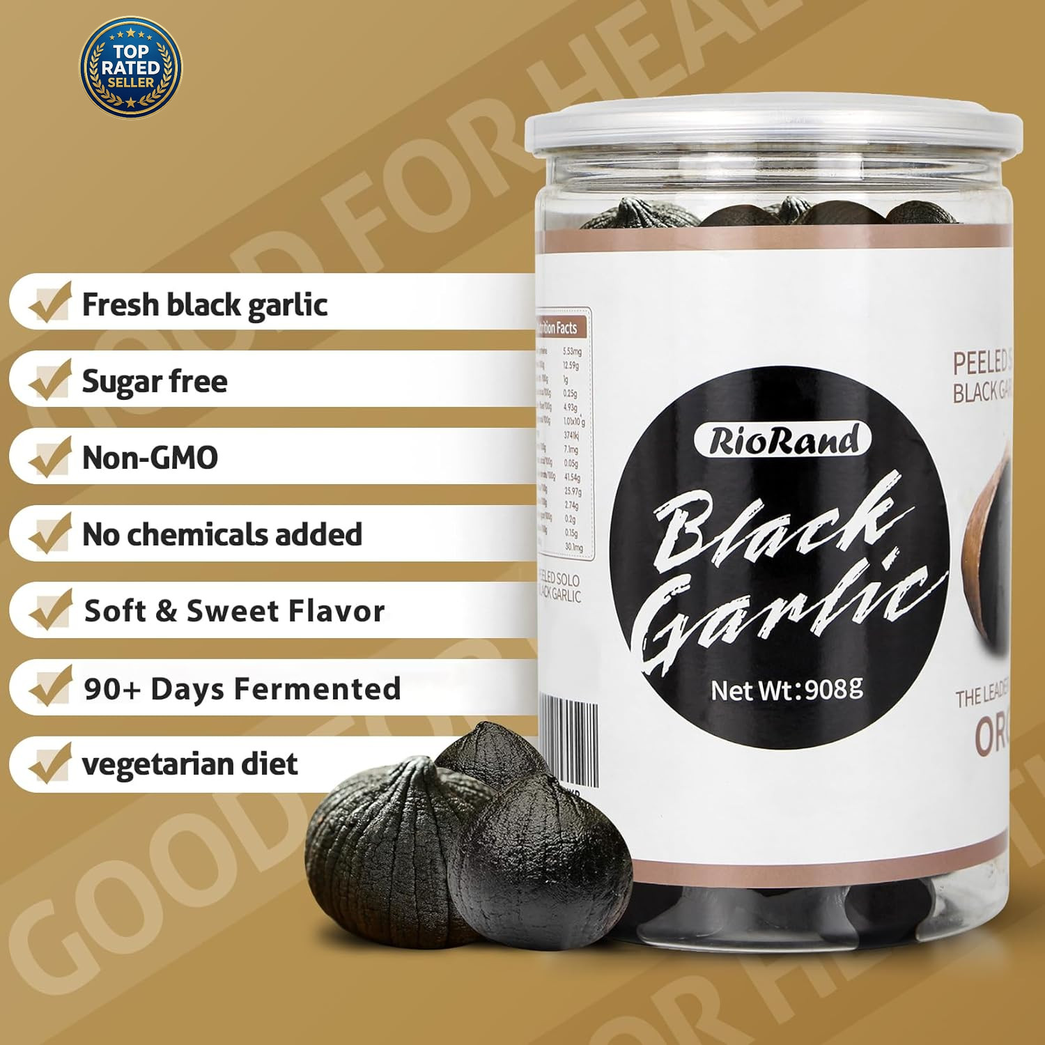 Black Garlic 908g 2 lb Jar Whole Peeled Aged 90 Days Ready to Eat No Preservativ