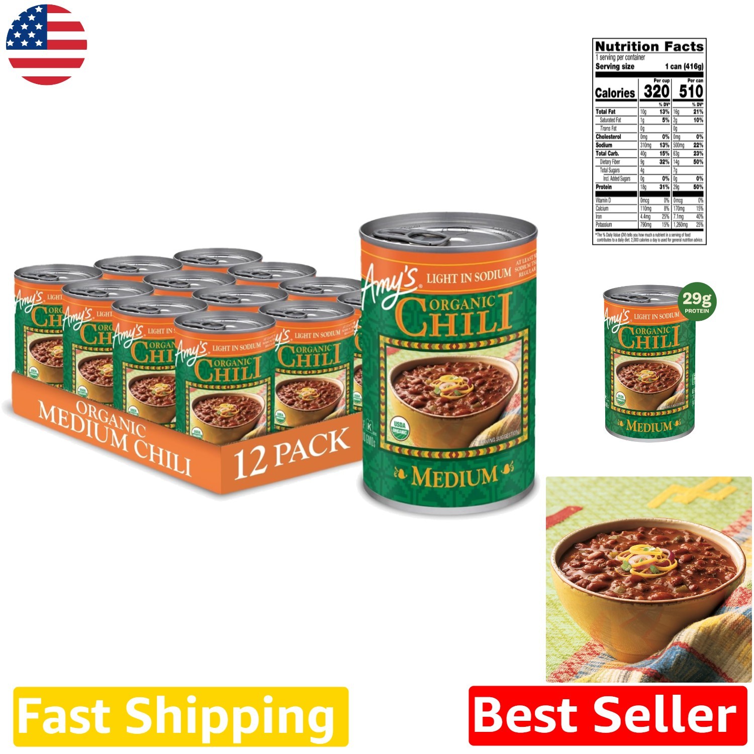 Organic Chili 12pk 14.7oz Cans Light Sodium Gluten Free Red Bean Tofu