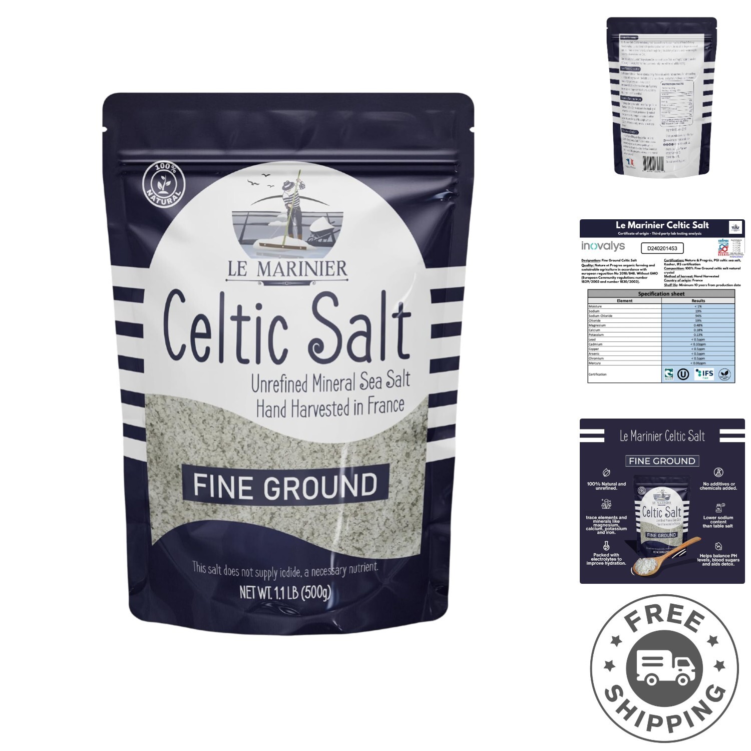 Le Marinier French Sea Salt Fine Ground, 1.1lb – 18oz. Mineral Rich. 100% Nat…