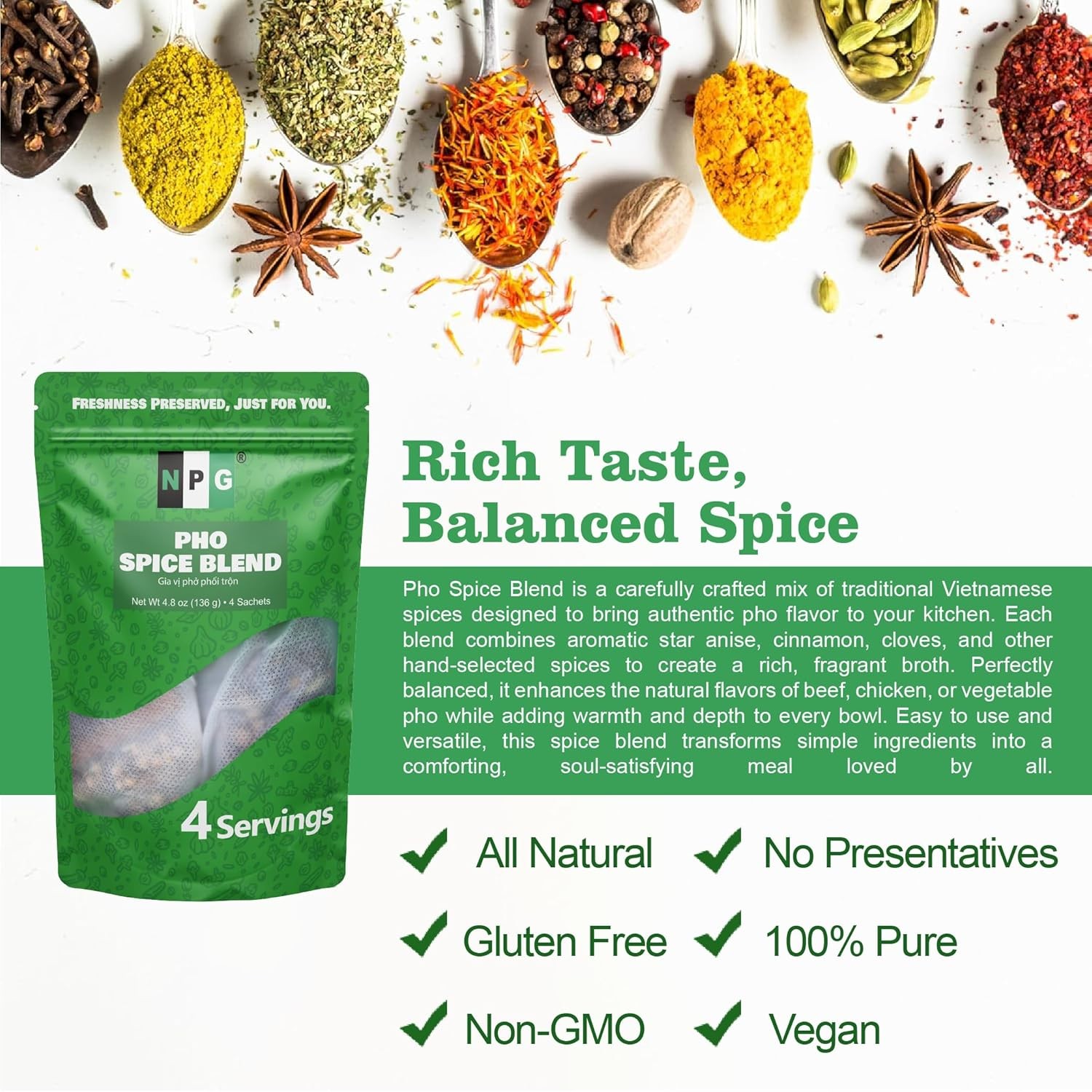 Pho Spice Blend 4.8 oz Total (4 sachets), Gia Vi Pho Bac Vietnamese Noodle Soup