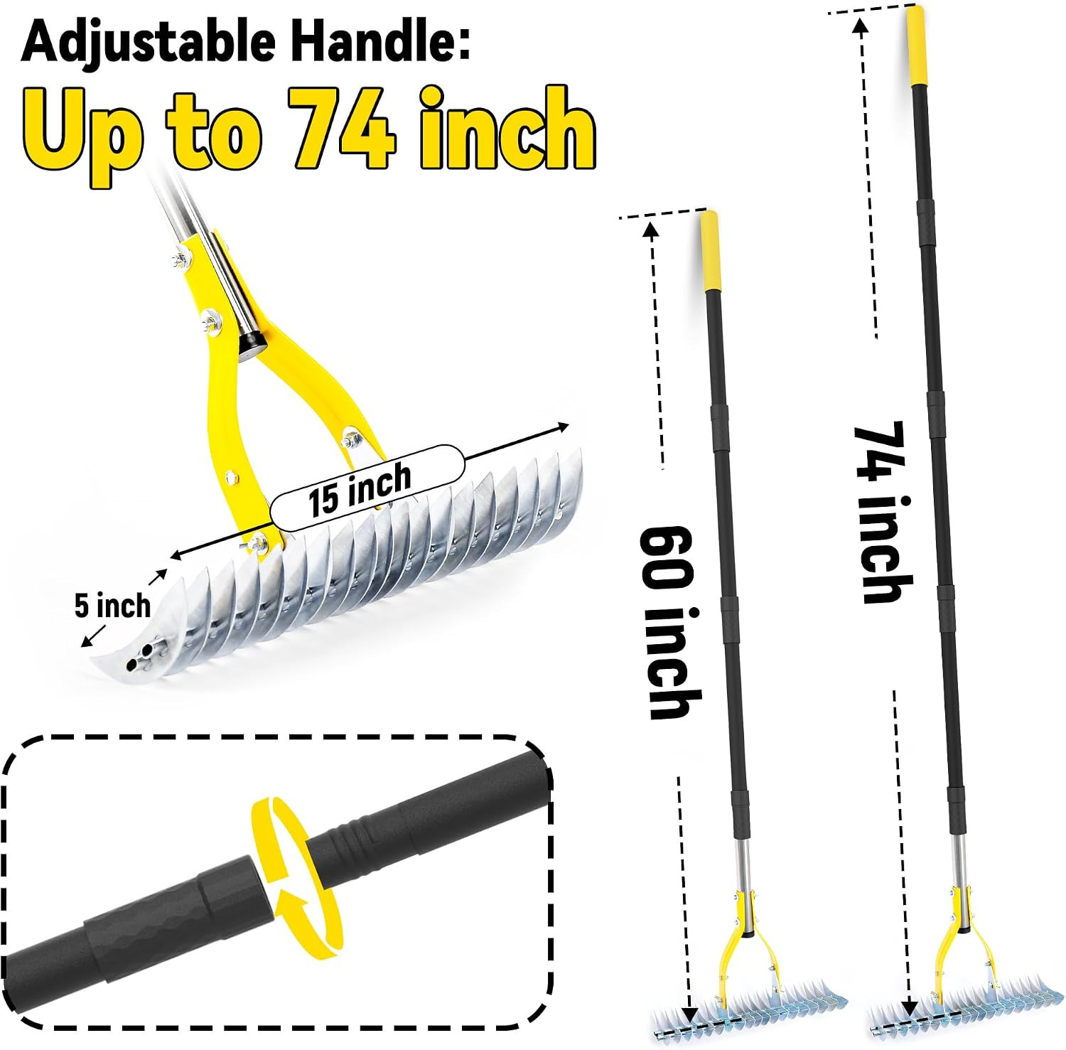 Thatch Rake for Lawn with 74Inch Handle, 15 Inch Dethatcher Rake for Grass to Cl