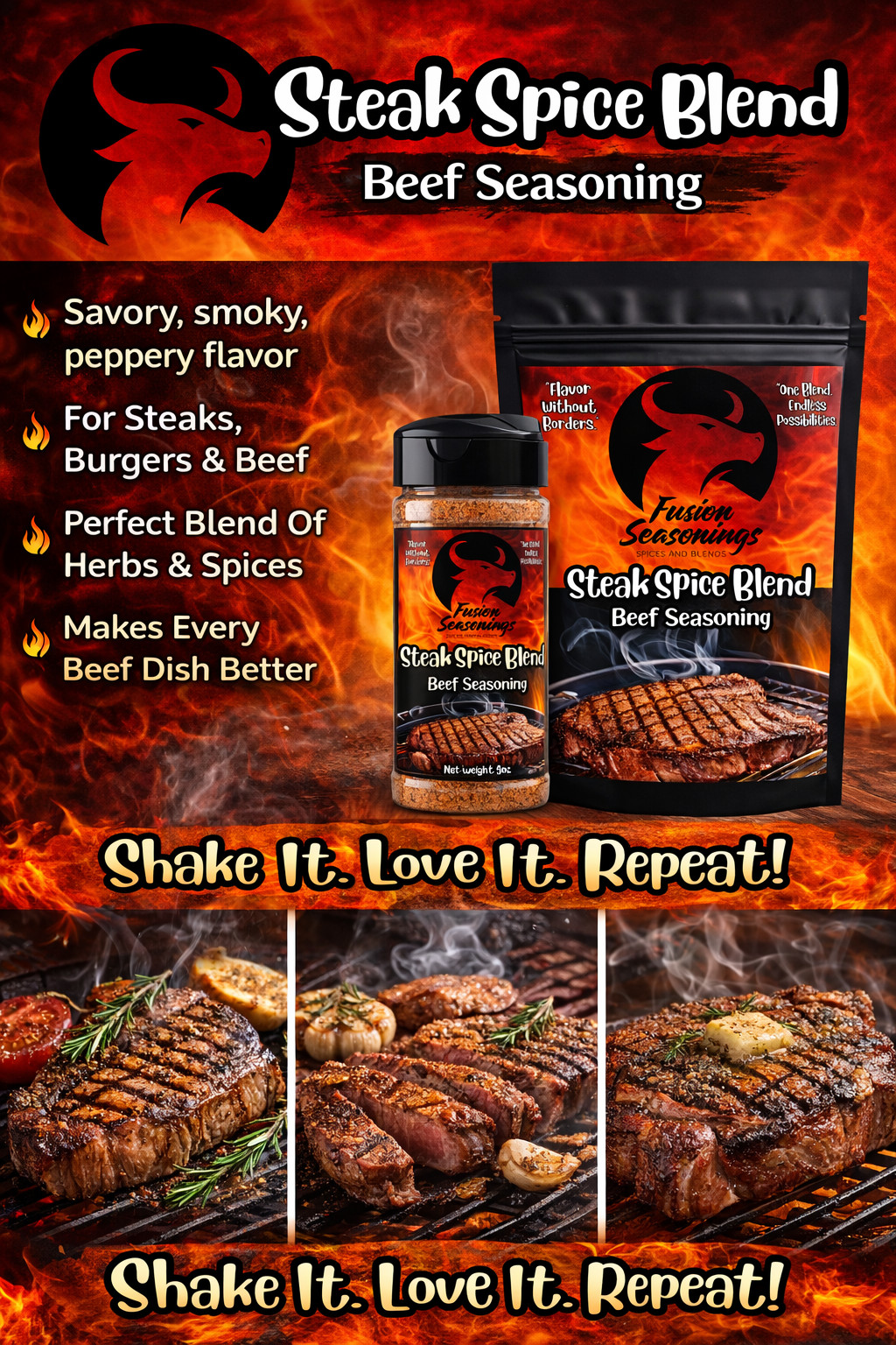 Steak Spice Blend Fusion Seasonings Shaker All Natural No MSG BBQ Rub Seasoning