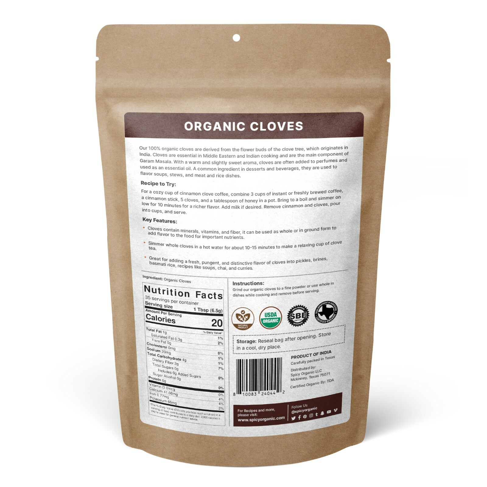 Organic Cloves Whole (8 OZ) – Non-GMO Pure Clove Seed Spice for Savory Dishes