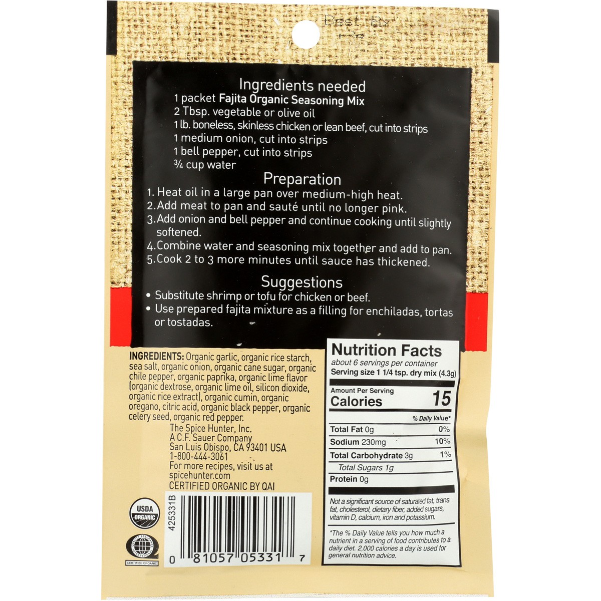 Organic Fajita Seasoning Mix By Spice Hunter 0.9 Oz 9 12 Pack