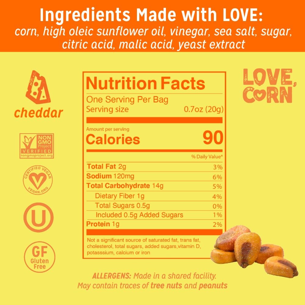 LOVE CORN Cheddar | Delicious Crunchy Corn Snacks | .07oz x 20 Gluten Free, V…