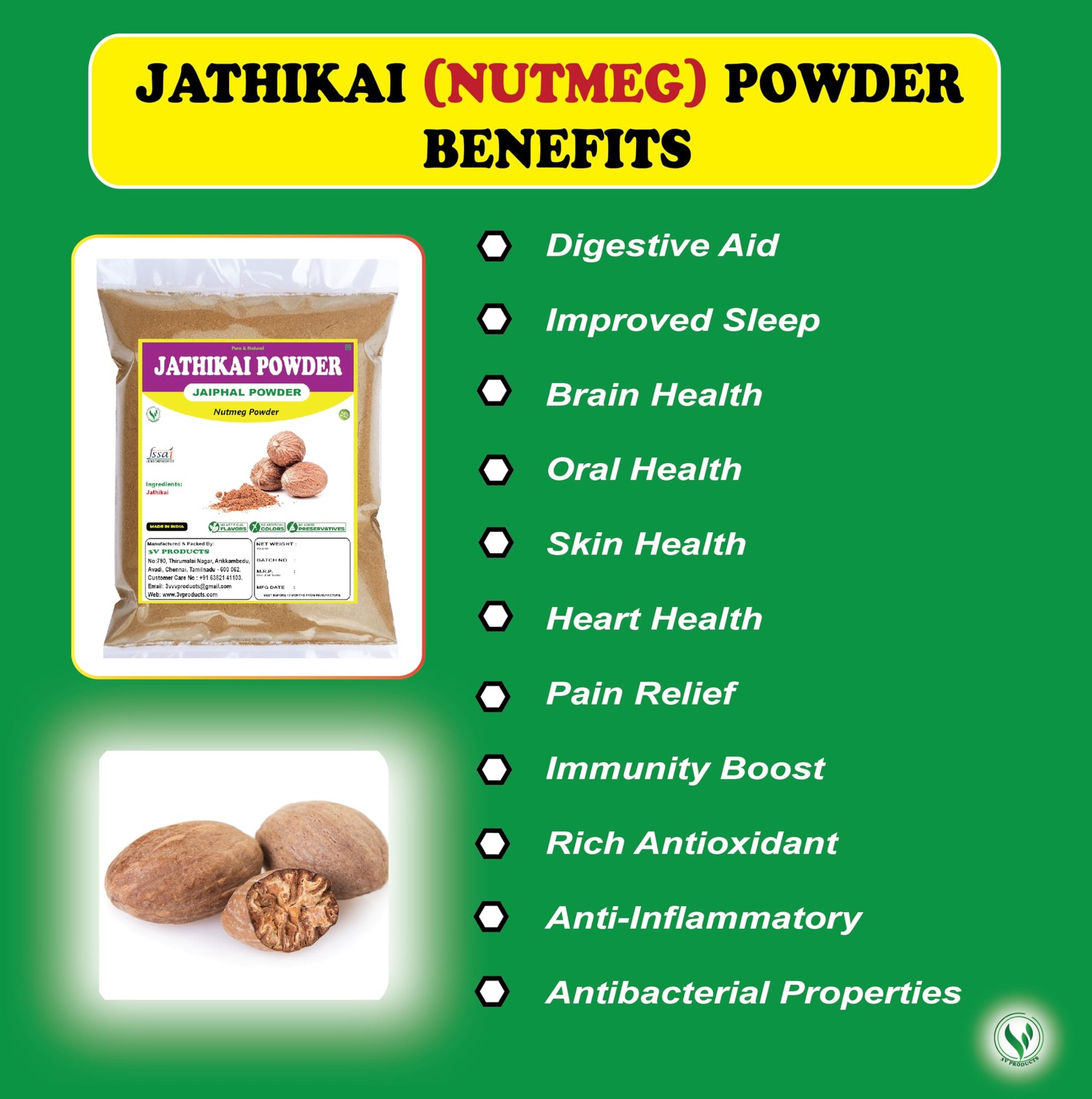3V PRODUCTS Pure Jathikai Powder 25Gm | Nutmeg | Jaiphal (Pack of 1)