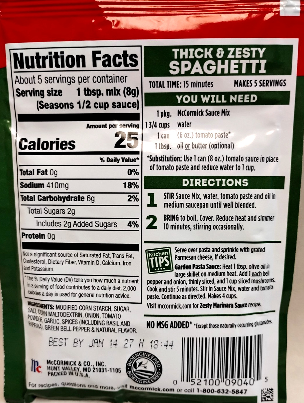 McCormick Thick Zesty Spaghetti Sauce Seasoning Mix 1.37 Oz Pasta Powder Italian