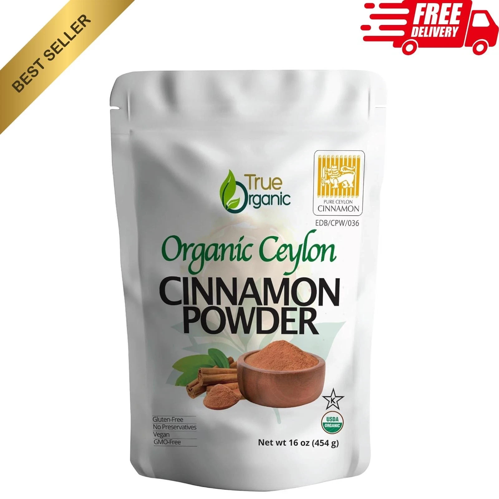 True Organic Ceylon Cinnamon Powder, 1 lb, Premium Grade, Gluten Free