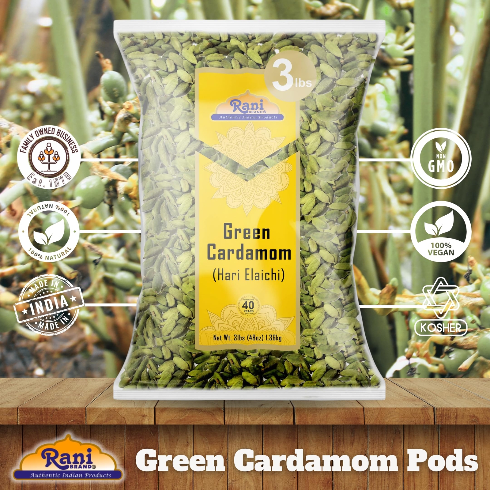 Rani Green Cardamom Pods Spice (Hari Elachi) 48oz (3lbs) 1.36kg