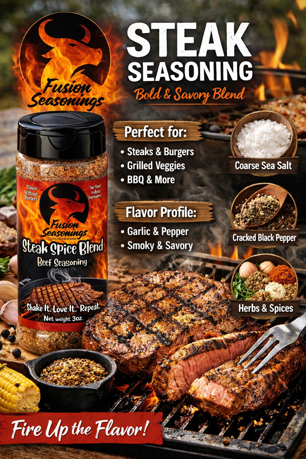 Steak Spice Blend Fusion Seasonings Shaker All Natural No MSG BBQ Rub Seasoning