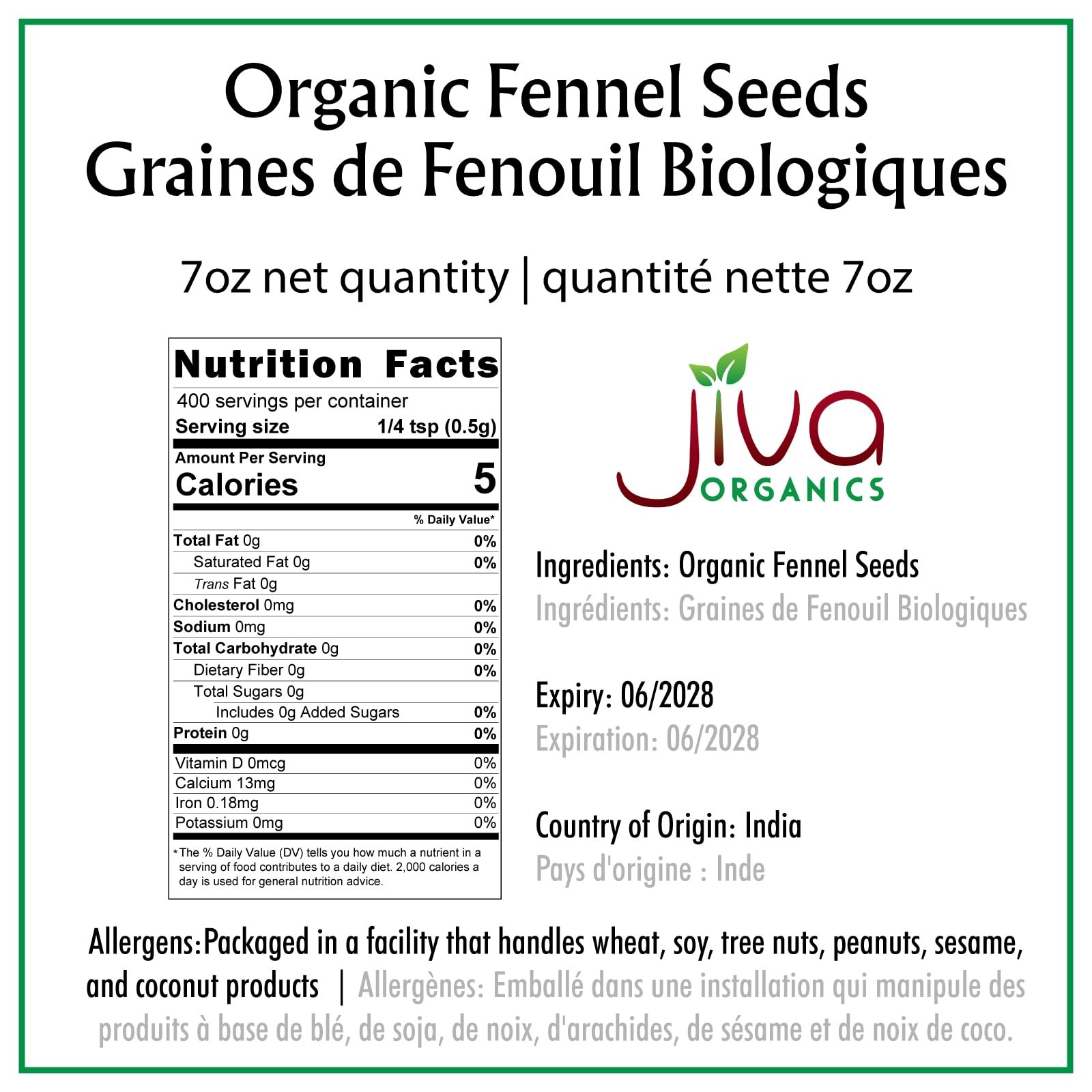 Jiva Organic Fennel Seeds 7 Oz Bag – Non-GMO, Certified, Vegan – Resealable B…