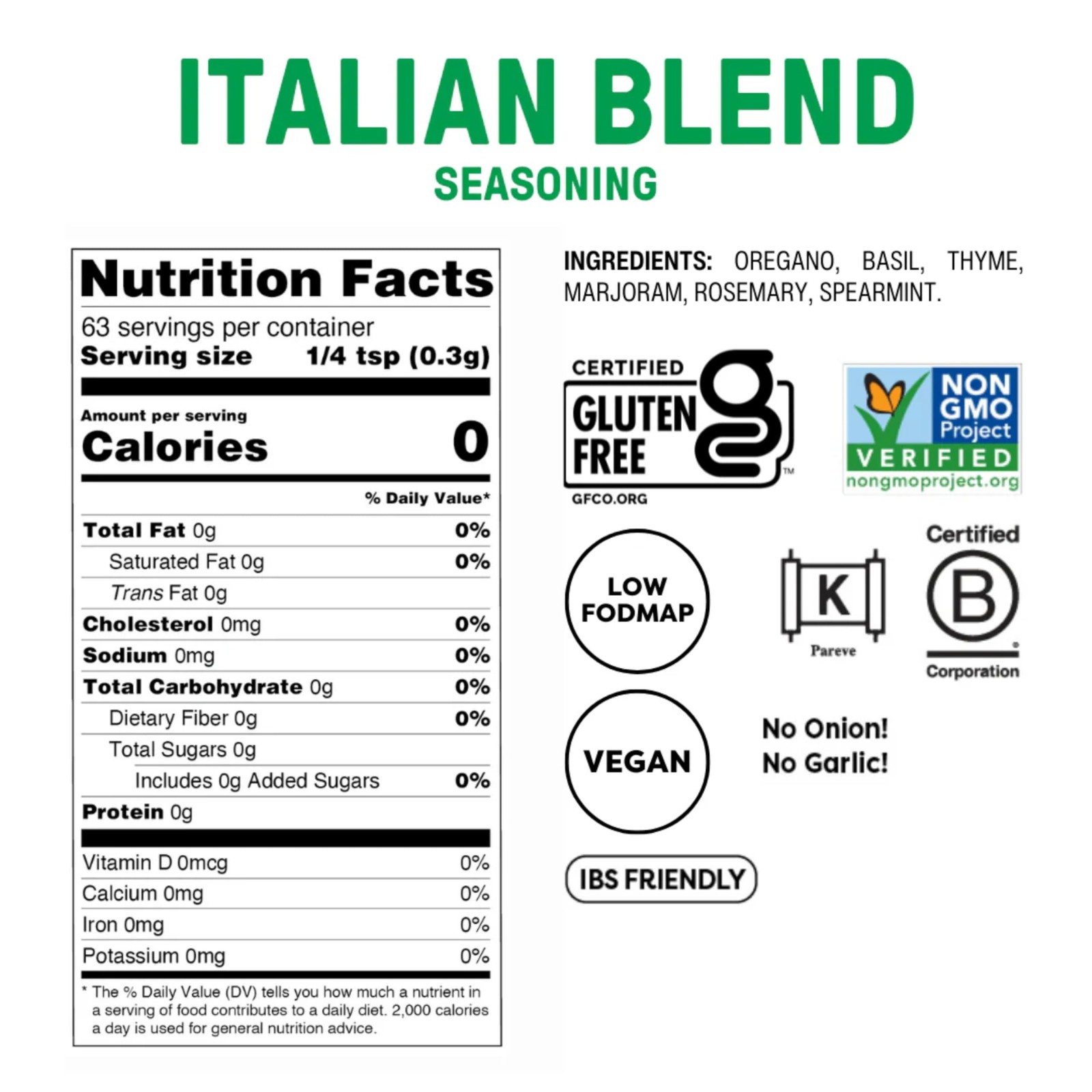Seasoning Italian Blend Garlic and Onion Free 0.7 Oz Low FODMAP Certified Vegan