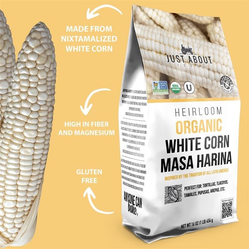 Just About Foods Organic Heirloom White Corn Masa Harina 16 Ounce (Pack of 1)