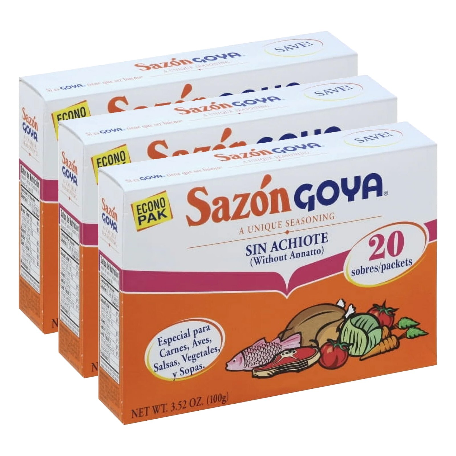Goya Sazon Sin Achiote (Without Annatto) 3.52 oz, 20 Packets/Sobres, 3 Pack