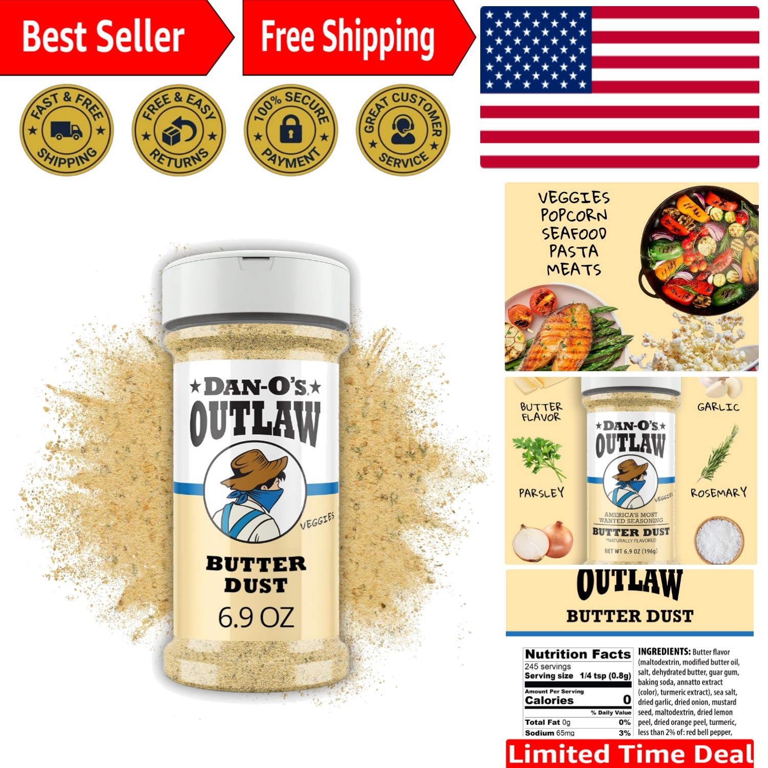 Outlaws Butter Dust Seasoning, 6.9 oz – Buttery Flavor, Zero Calorie Magic
