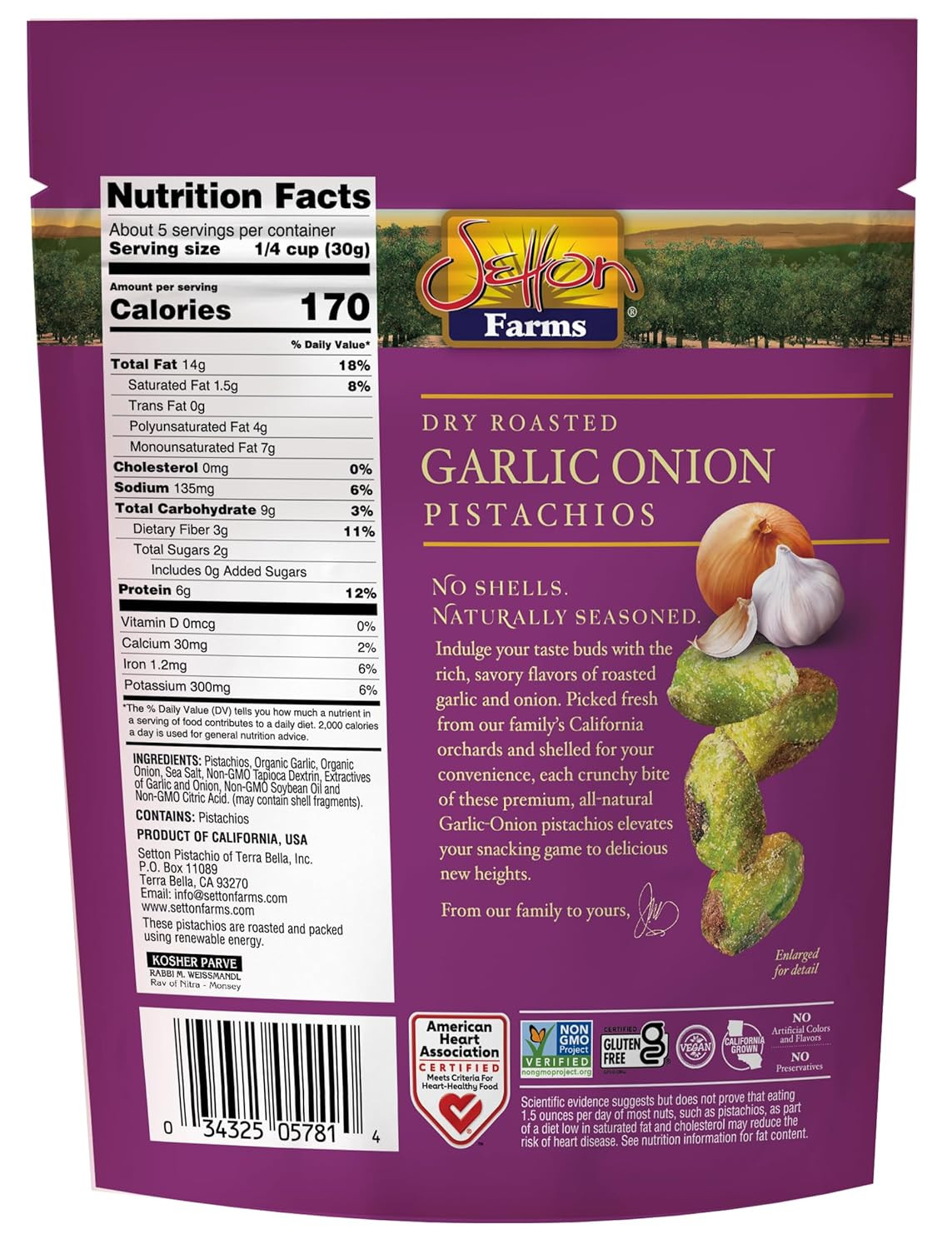 Naturally Seasoned Pistachio Kernels, Garlic Onion, No Shell Pistachios, Certifi