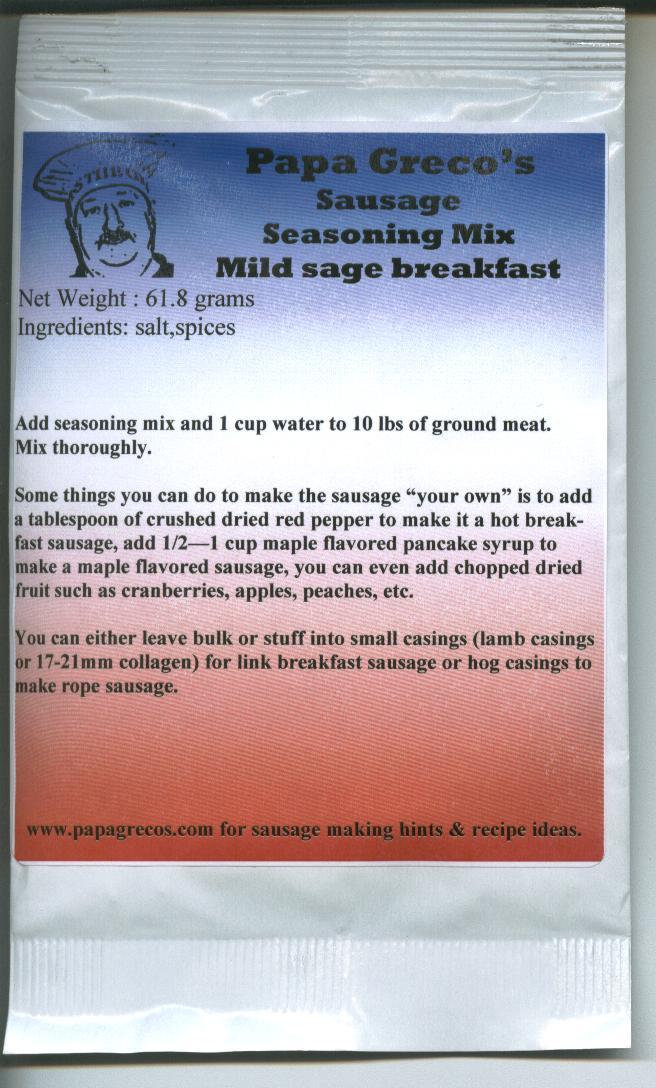 Papa Greco’s mild sage breakfast sausage seasoning mix-pork,venison,turkey!