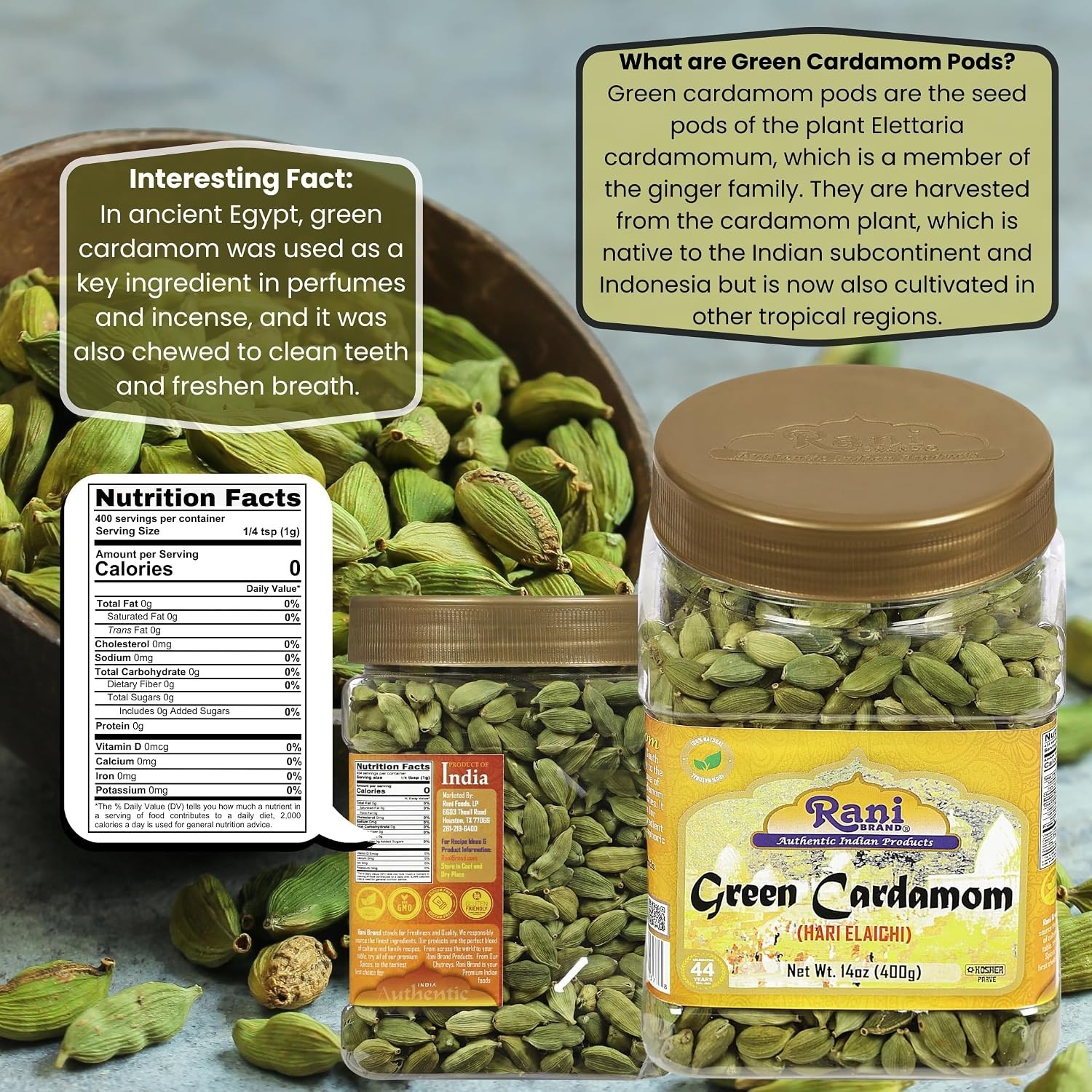 Rani Green Cardamom Pods 14oz PET Jar