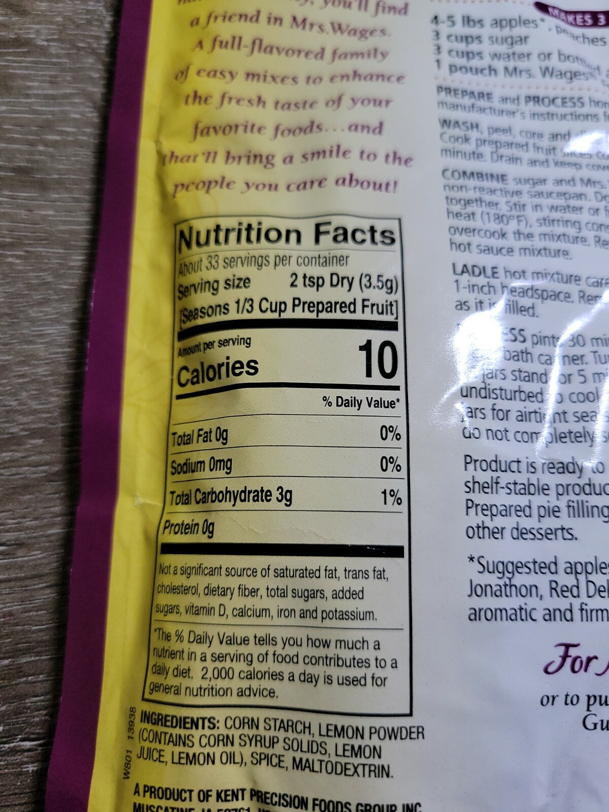 Mrs.Wages Fruit Pie Filling Seasoning Mix 3.9 oz Canning Made Easy 1 pkg.