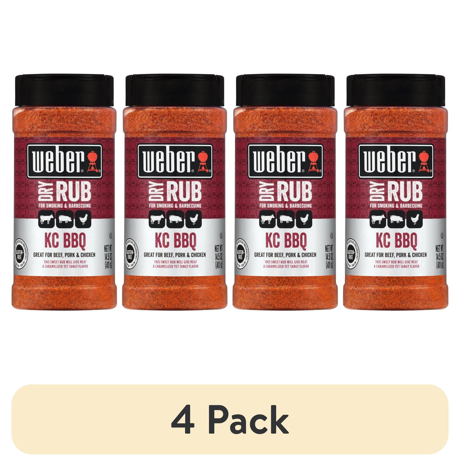 (4 pack) Weber Kansas City Sweet Tangy BBQ Dry Rub Seasoning, Gluten Free