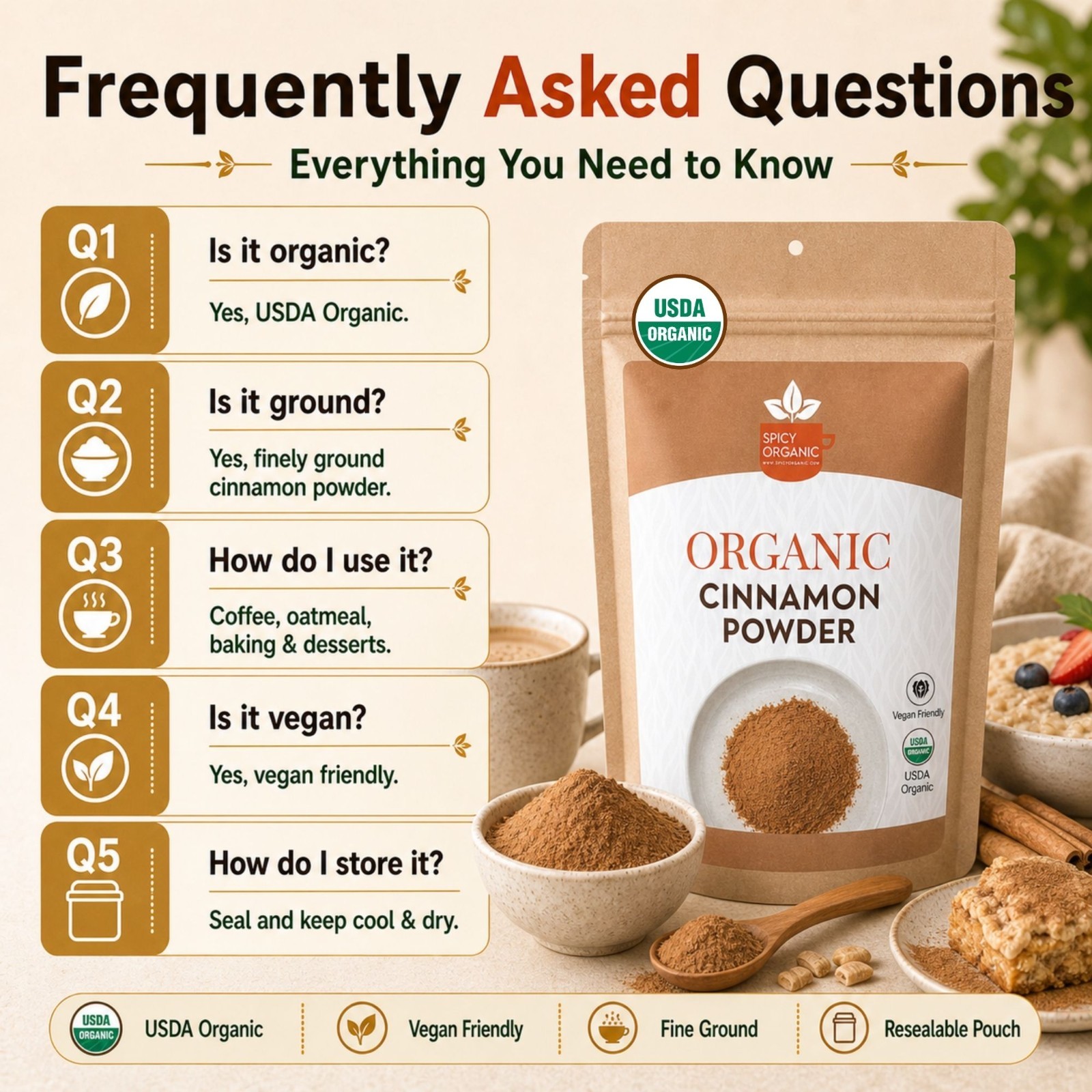 Organic Ground Cinnamon (8 OZ) – Pure Cassia Cinnamon Powder for Baking and More