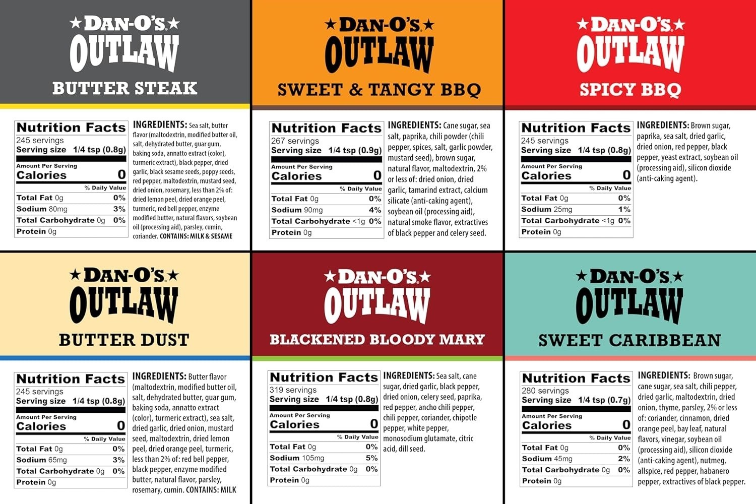 Outlaw Seasoning 6 Bottle, Butter Dust, Butter Steak, Spicy BBQ, Sweet Caribbean