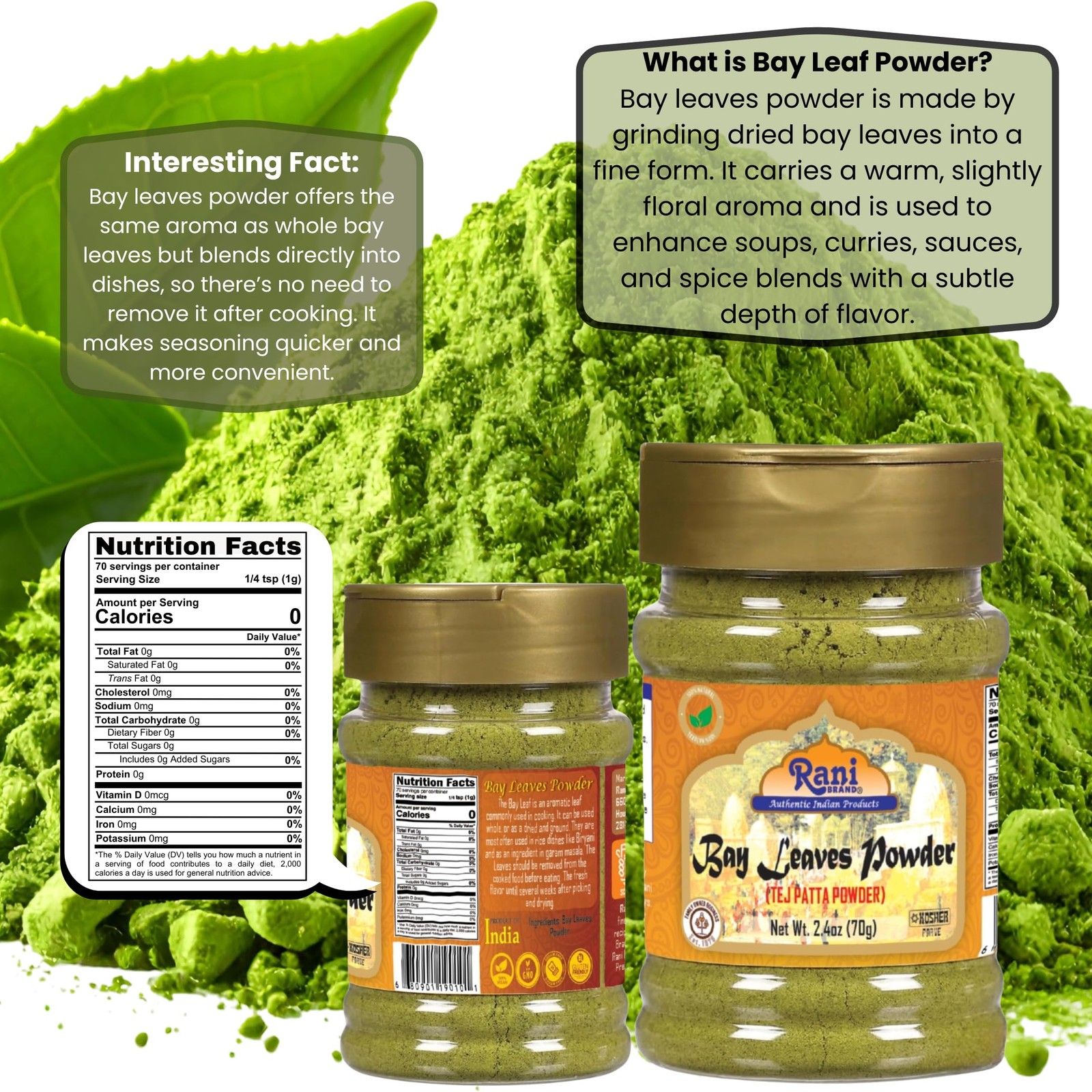Rani Bay Leaf (Leaves) Powder 2.4oz (70g) PET Jar