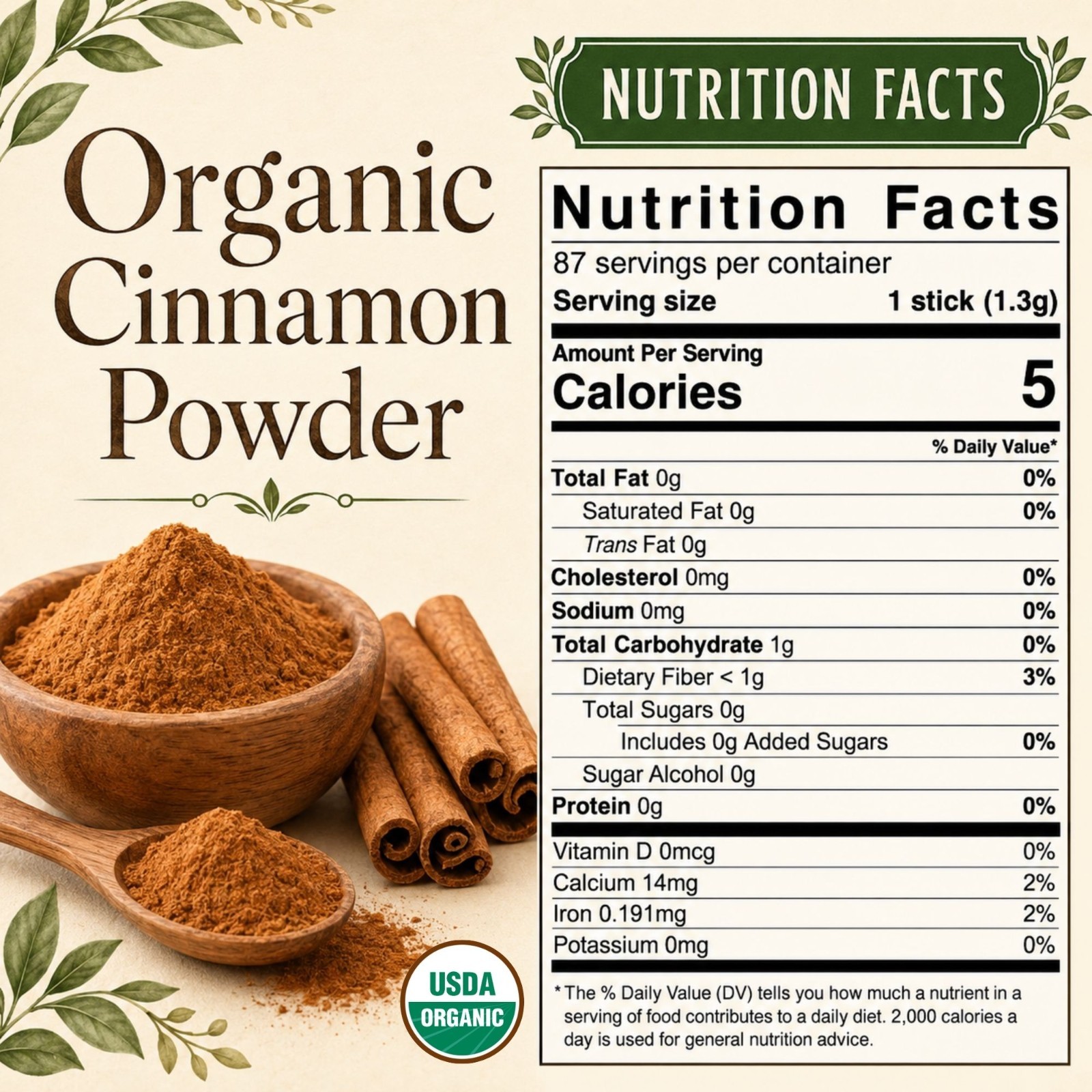 Organic Ground Cinnamon (8 OZ) – Pure Cassia Cinnamon Powder for Baking and More