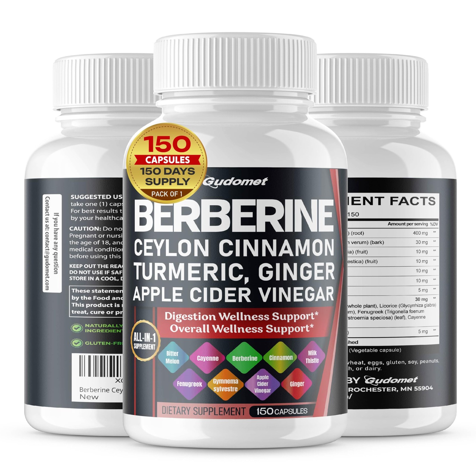 Gudomet Berberine Supplement, HCL with Ceylon 150 Count (Pack of 1)