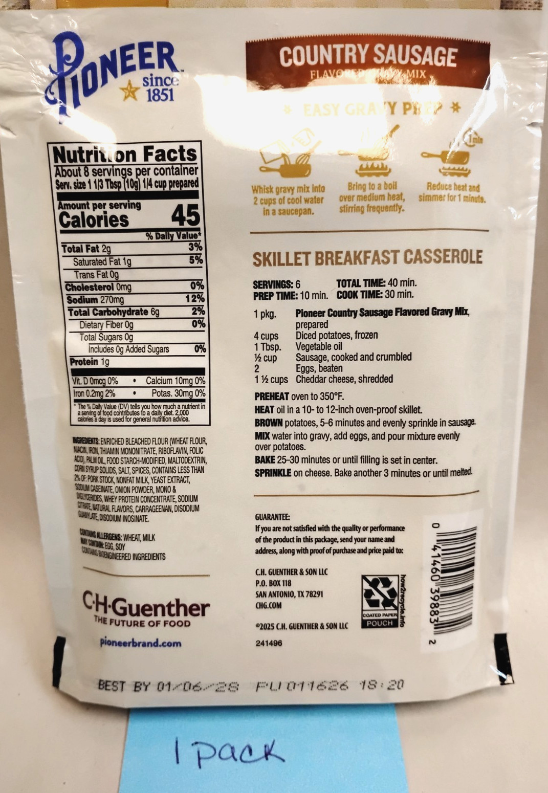 Pioneer Country Sausage Gravy Mix 2.75 oz Peppered Cream Sauce 1 Pack or 3 Pack